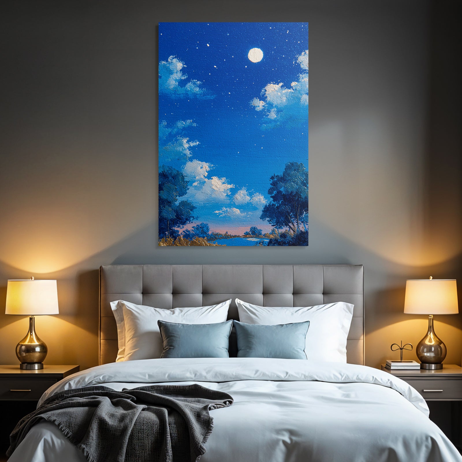 Friedliche Nachtlandschaft Mit Vollem Mond Und Silhoütten Von Baeumen