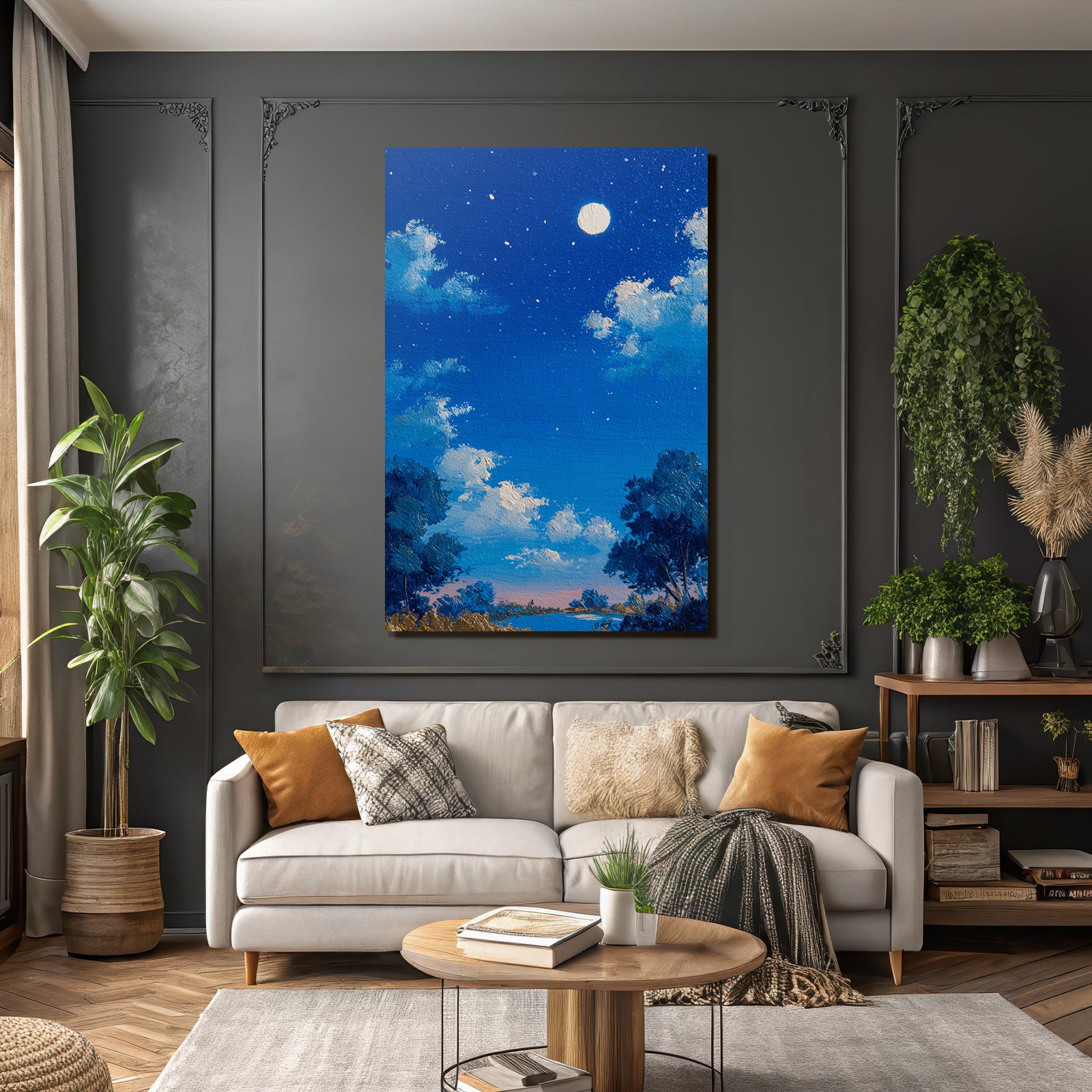 Friedliche Nachtlandschaft Mit Vollem Mond Und Silhoütten Von Baeumen