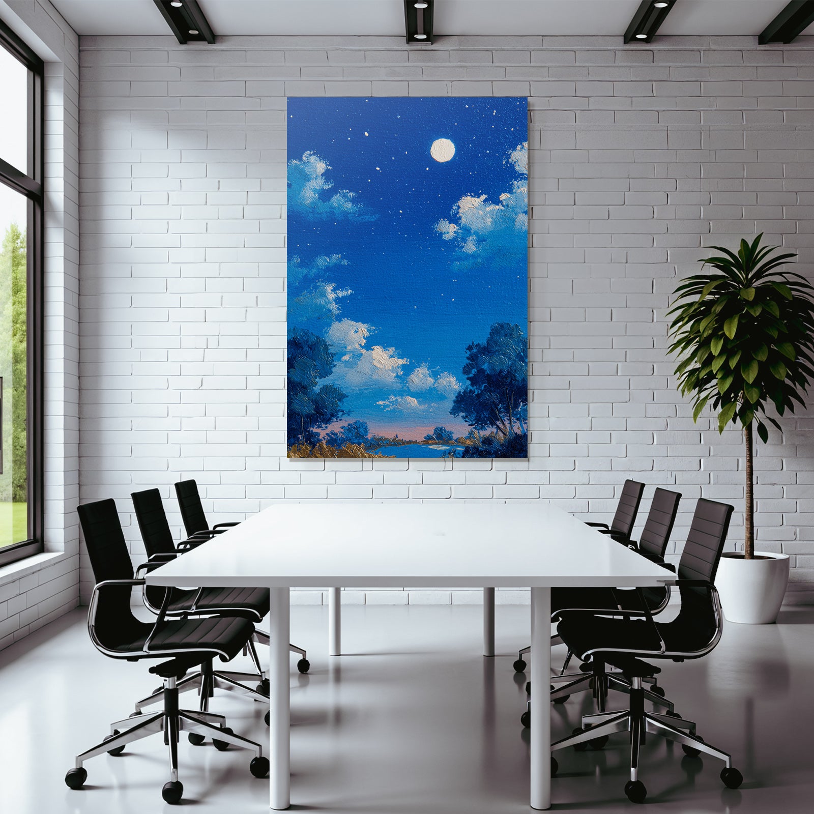 Friedliche Nachtlandschaft Mit Vollem Mond Und Silhoütten Von Baeumen