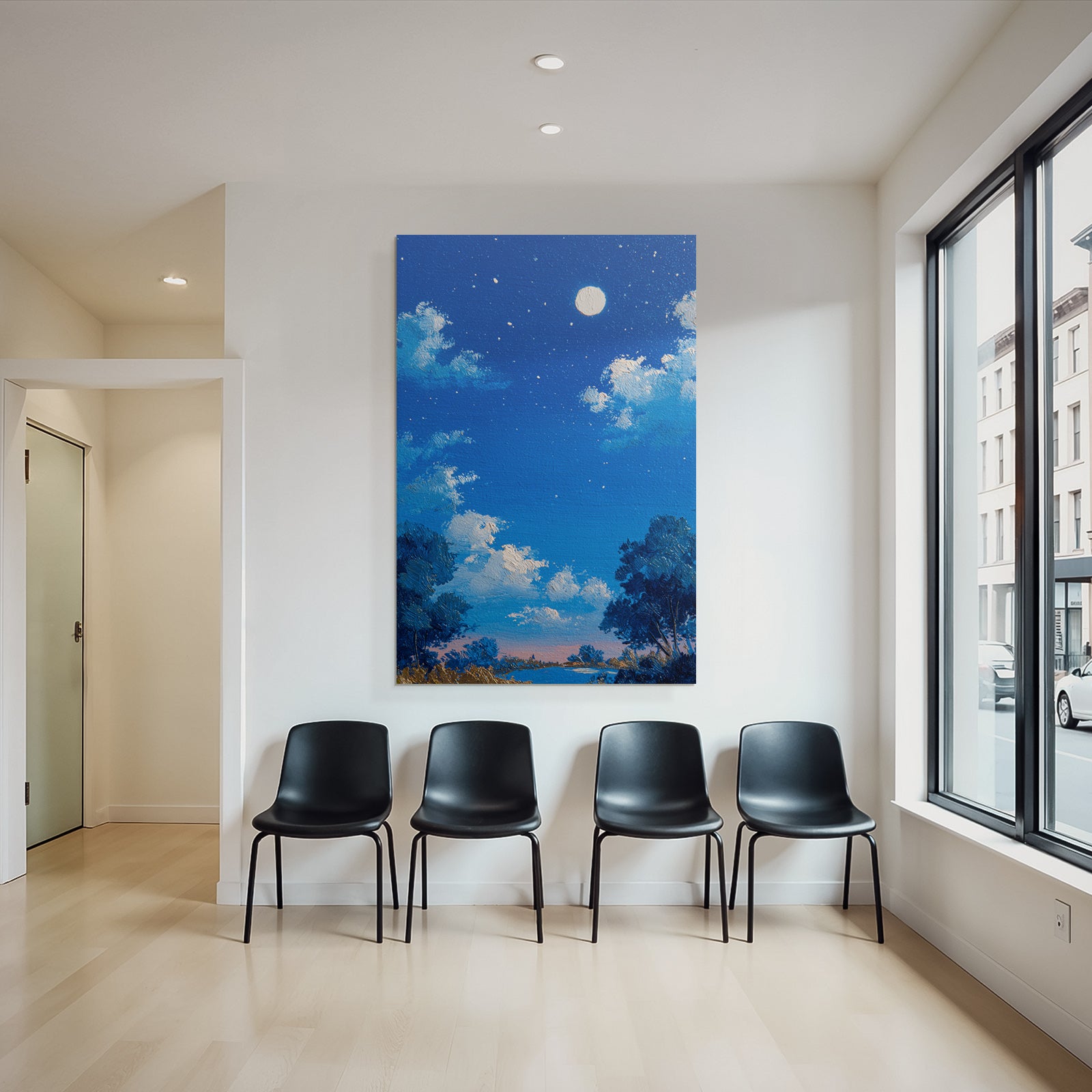 Friedliche Nachtlandschaft Mit Vollem Mond Und Silhoütten Von Baeumen