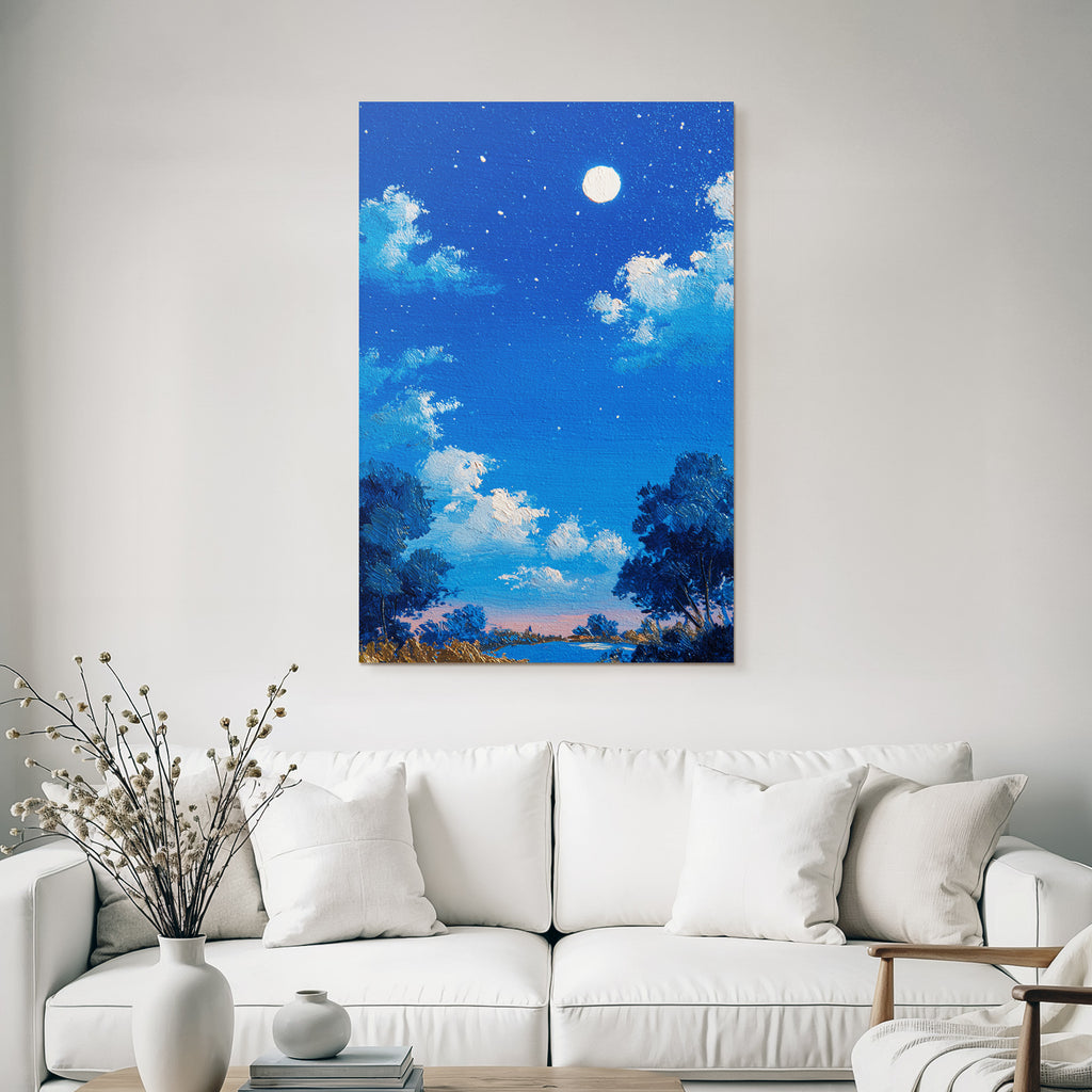 Friedliche Nachtlandschaft Mit Vollem Mond Und Silhoütten Von Baeumen