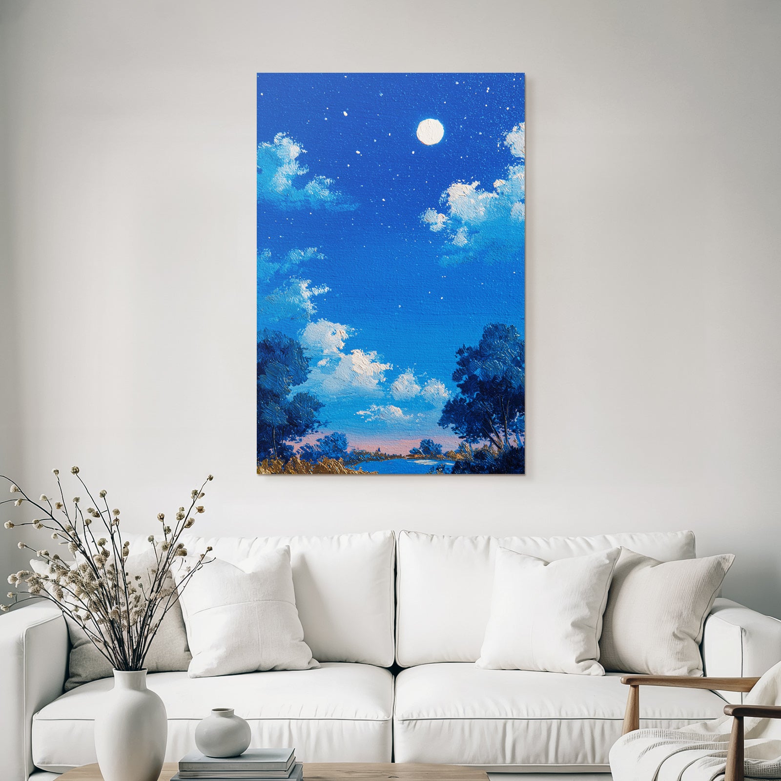 Friedliche Nachtlandschaft Mit Vollem Mond Und Silhoütten Von Baeumen