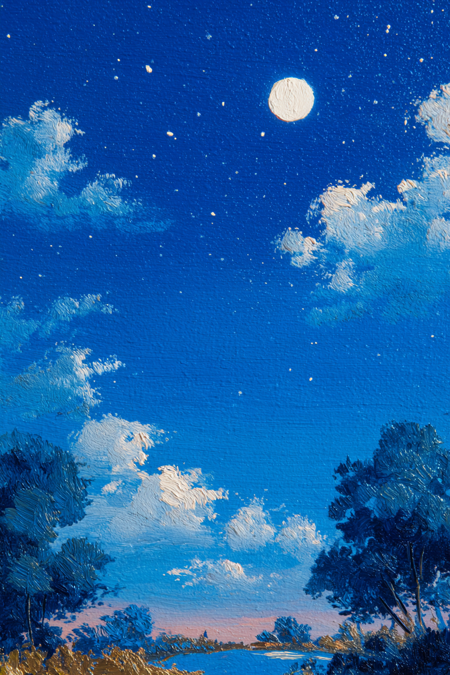 Friedliche Nachtlandschaft Mit Vollem Mond Und Silhoütten Von Baeumen | Psychedelische Kunst | Stilrichtungen
