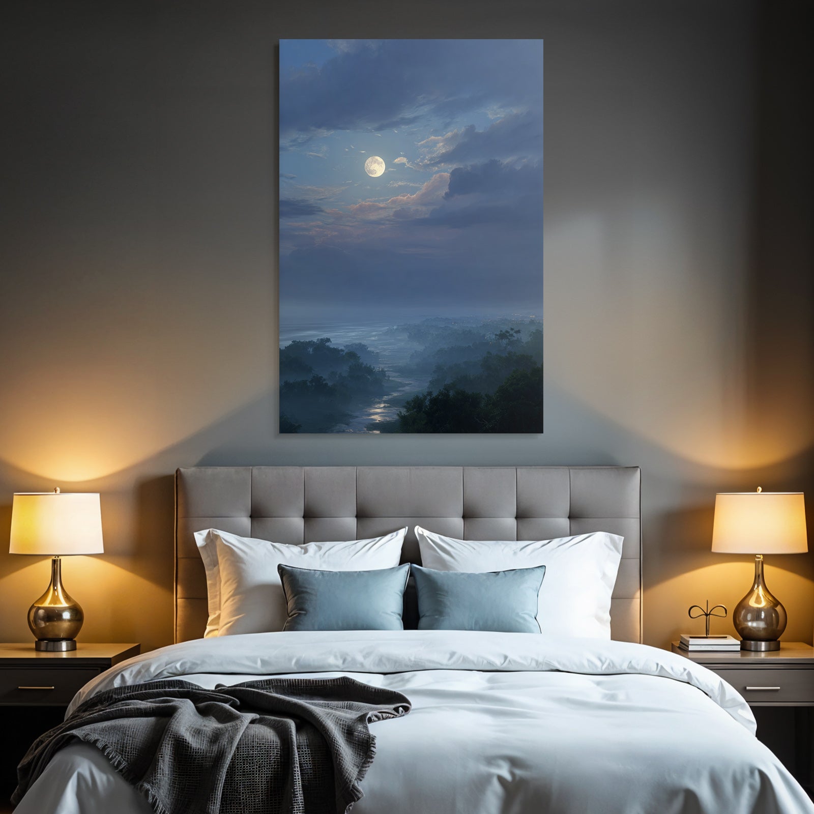 Friedliche Nächtliche Landschaft Mit Vollmond Und Spiegelndem Fluss
