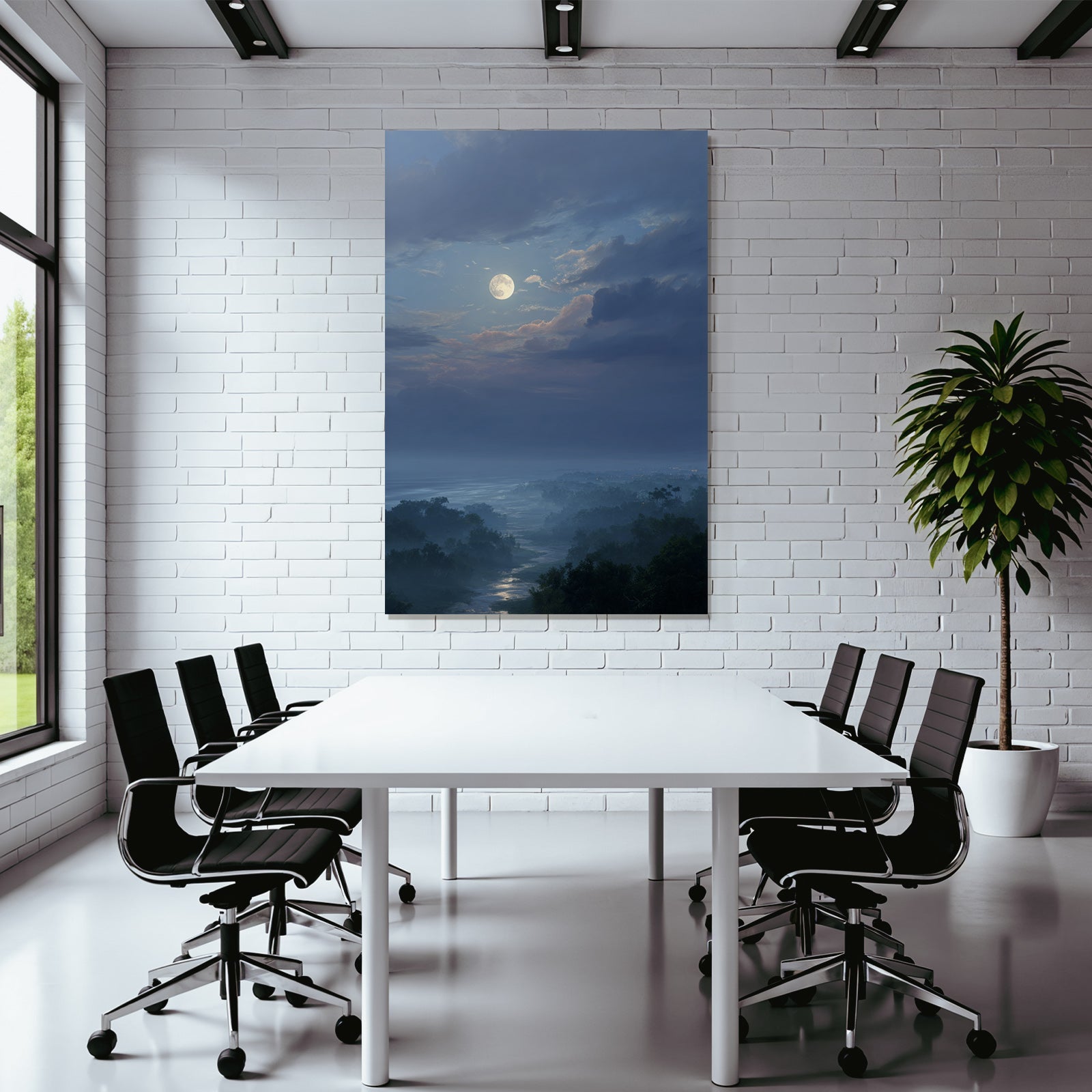 Friedliche Nächtliche Landschaft Mit Vollmond Und Spiegelndem Fluss