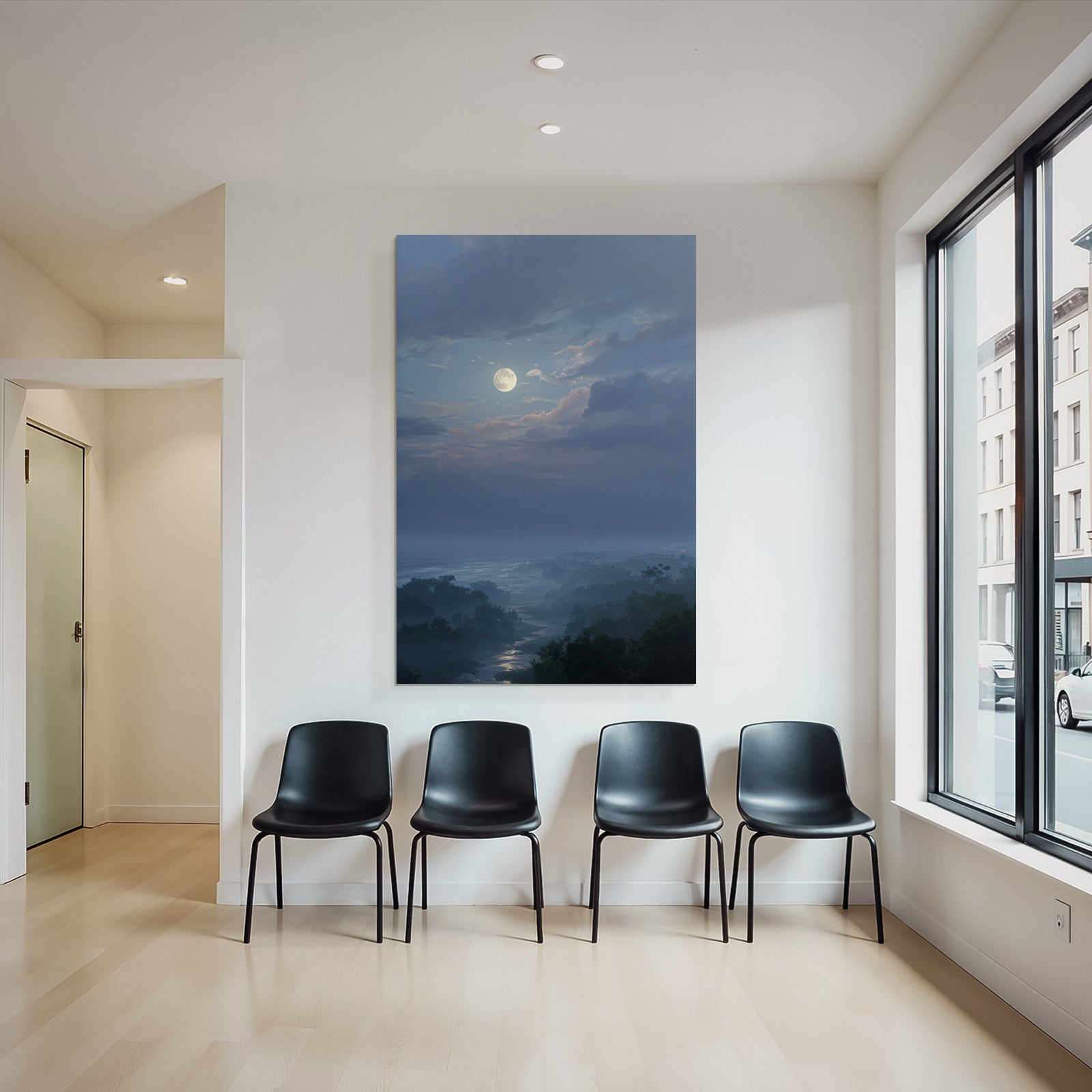 Friedliche Nächtliche Landschaft Mit Vollmond Und Spiegelndem Fluss