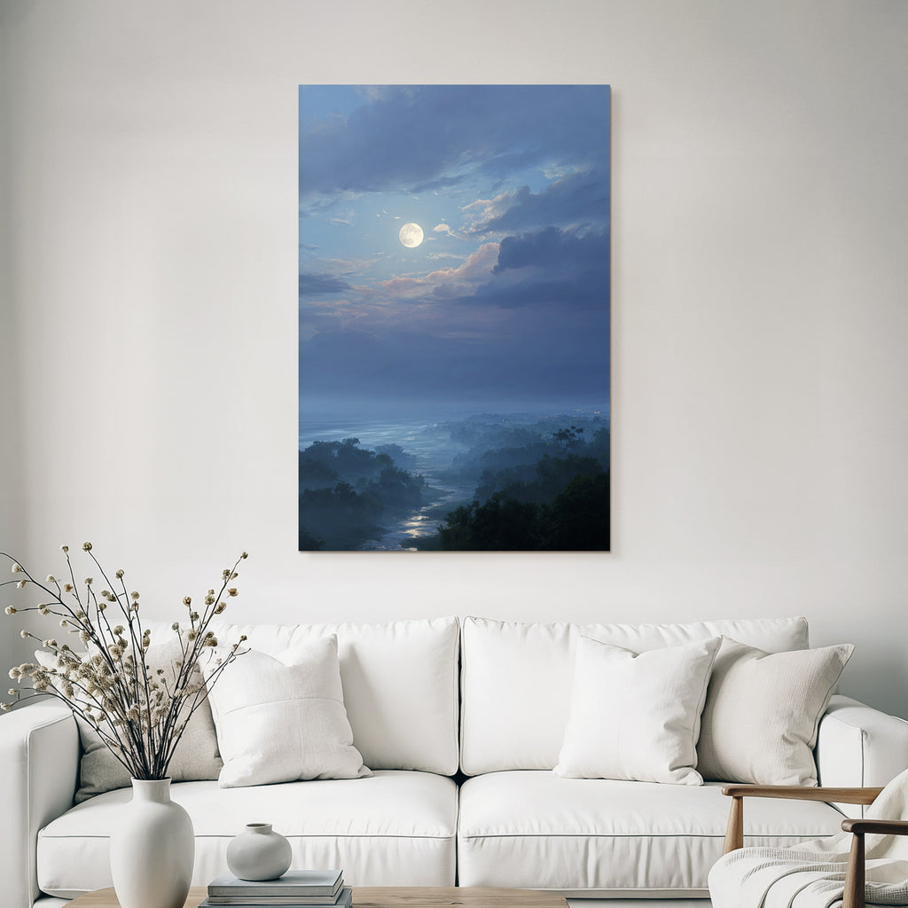 Friedliche Nächtliche Landschaft Mit Vollmond Und Spiegelndem Fluss