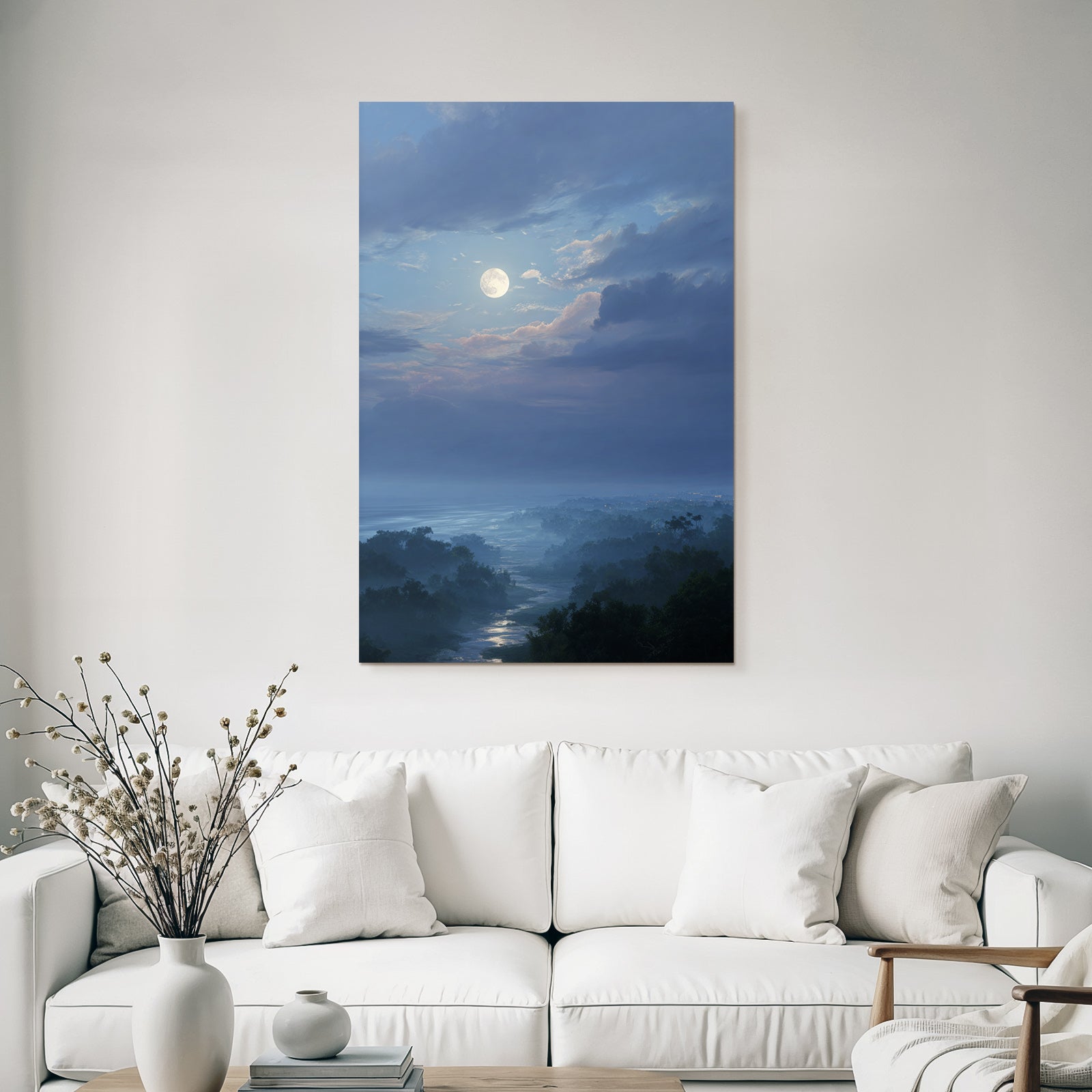 Friedliche Nächtliche Landschaft Mit Vollmond Und Spiegelndem Fluss