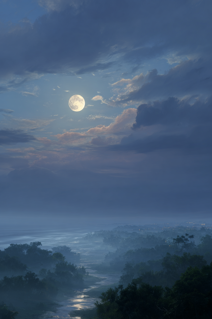 Friedliche Nächtliche Landschaft Mit Vollmond Und Spiegelndem Fluss | Psychedelische Kunst | Stilrichtungen