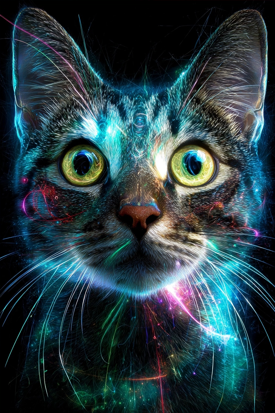 Kosmischer Katzenkopf Im Fantastischen Glühen | Psychedelische Kunst | Stilrichtungen