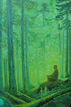Meditative Figur Im Grünen Wald Bei Wirbelnden Mustern | Psychedelische Kunst | Stilrichtungen