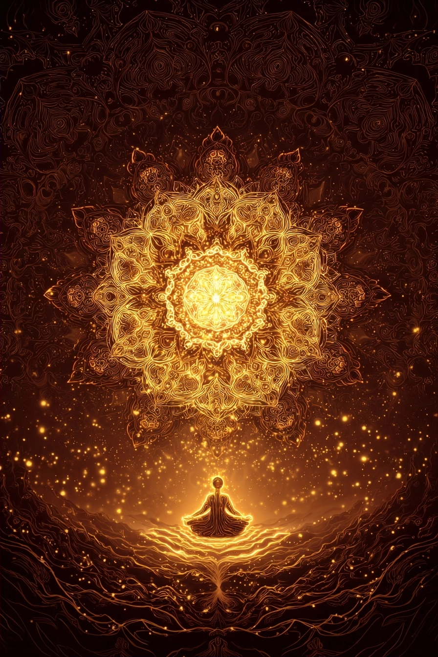 Meditierender Mensch Vor Leuchtendem Goldenen Mandala | Psychedelische Kunst | Stilrichtungen