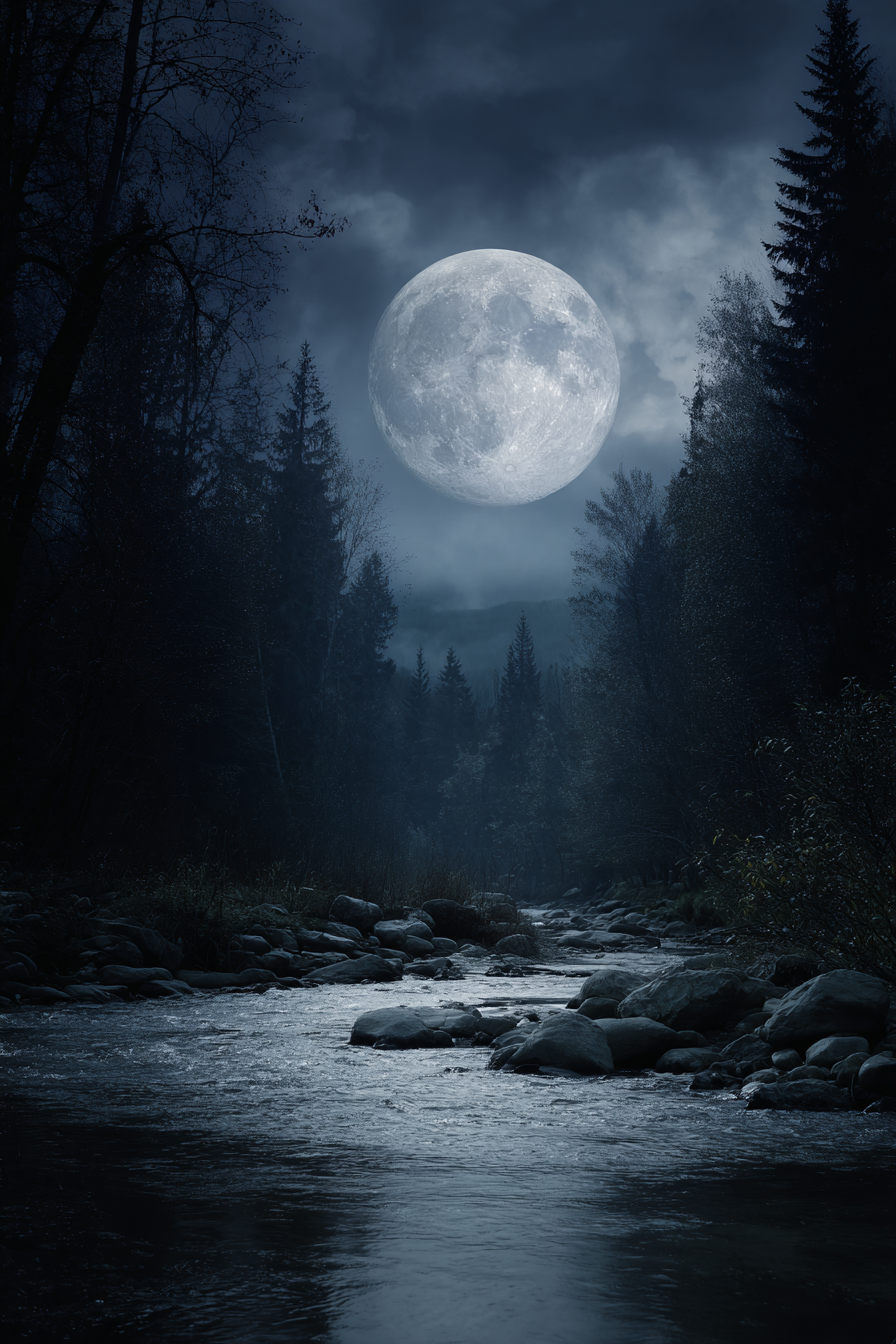 Mondbeleuchteter Fluss Mit Felsen Und Baeumen Bei Nacht | Psychedelische Kunst | Stilrichtungen