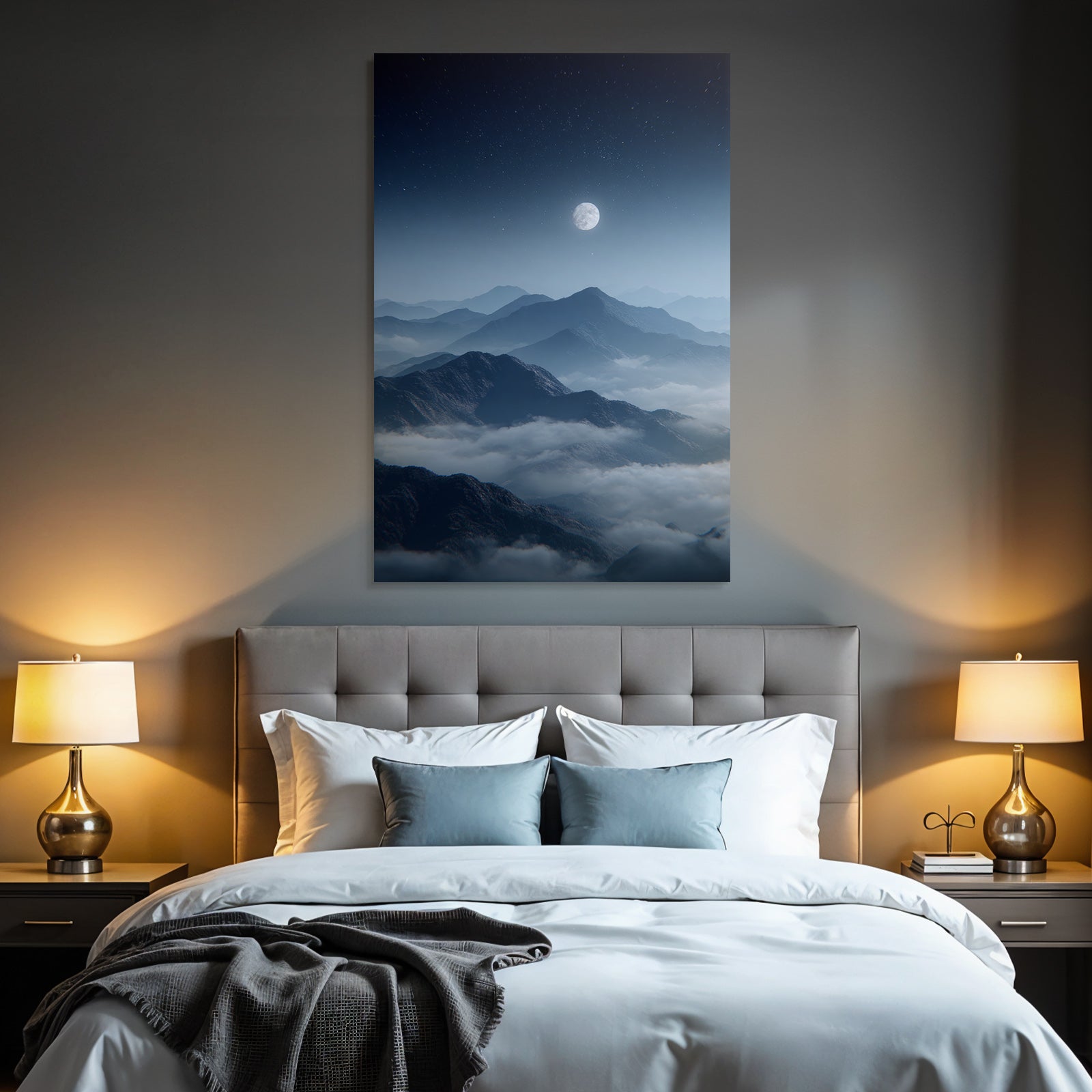 Mondschein Berglandschaft Mit Nebel Und Sternenhimmel