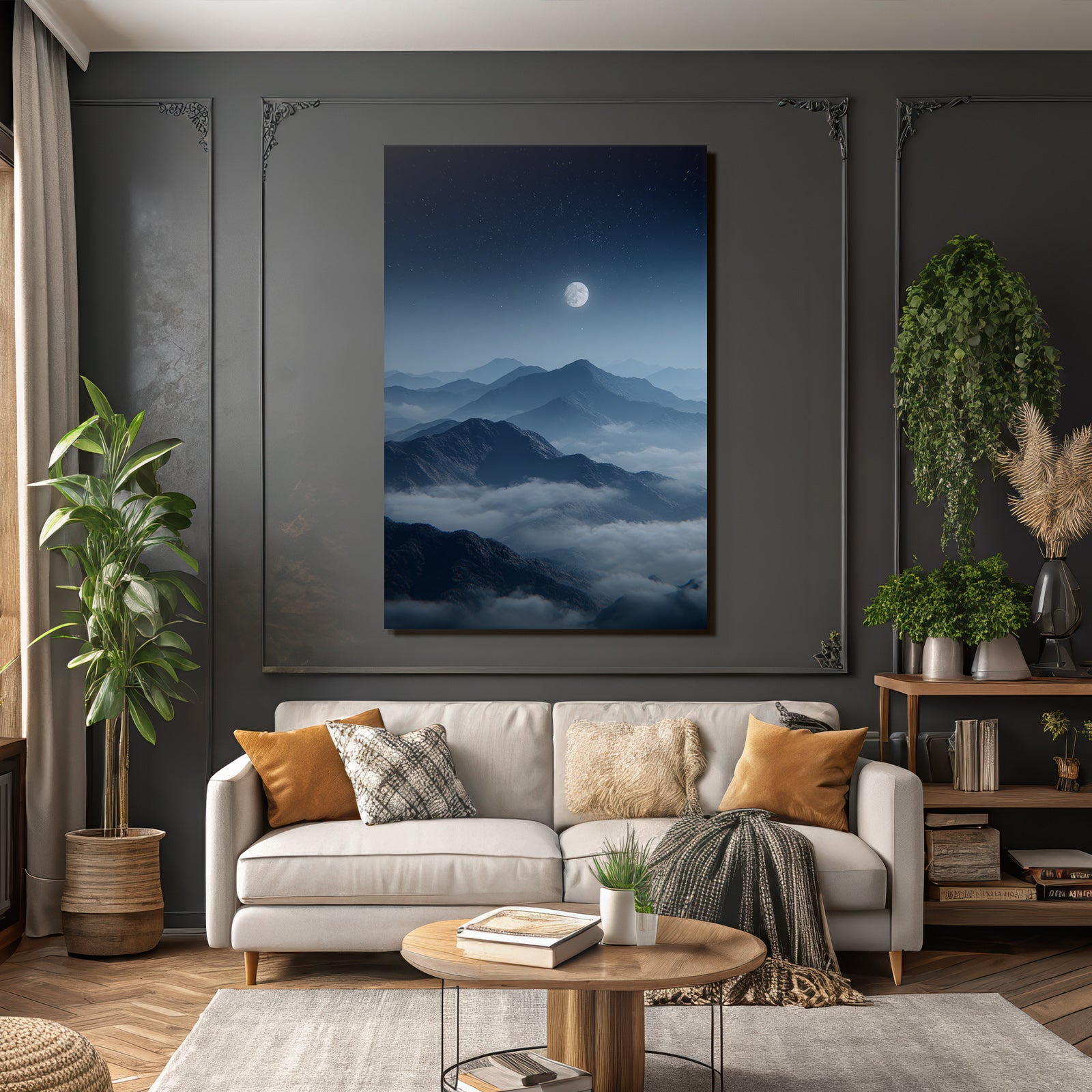 Mondschein Berglandschaft Mit Nebel Und Sternenhimmel