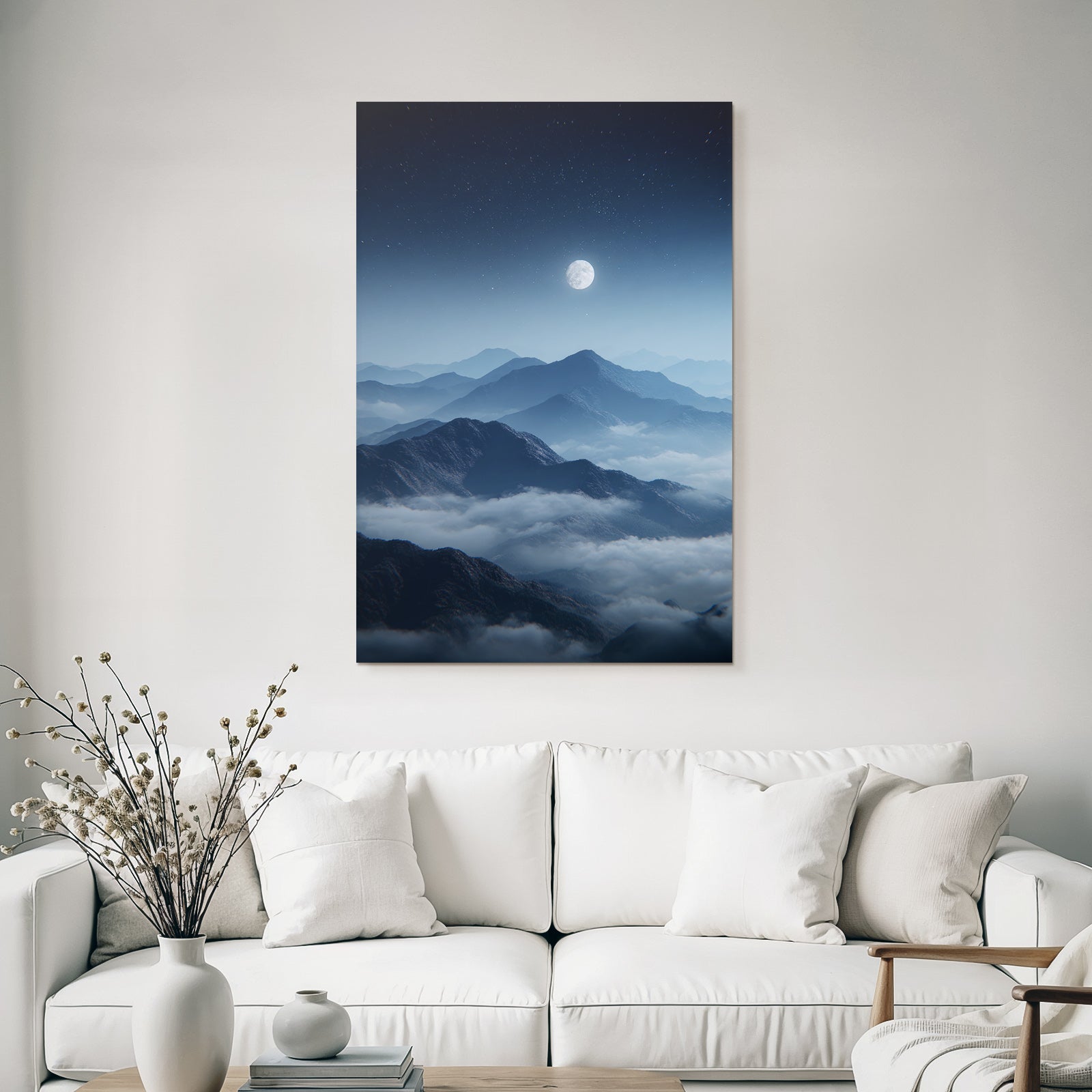Mondschein Berglandschaft Mit Nebel Und Sternenhimmel