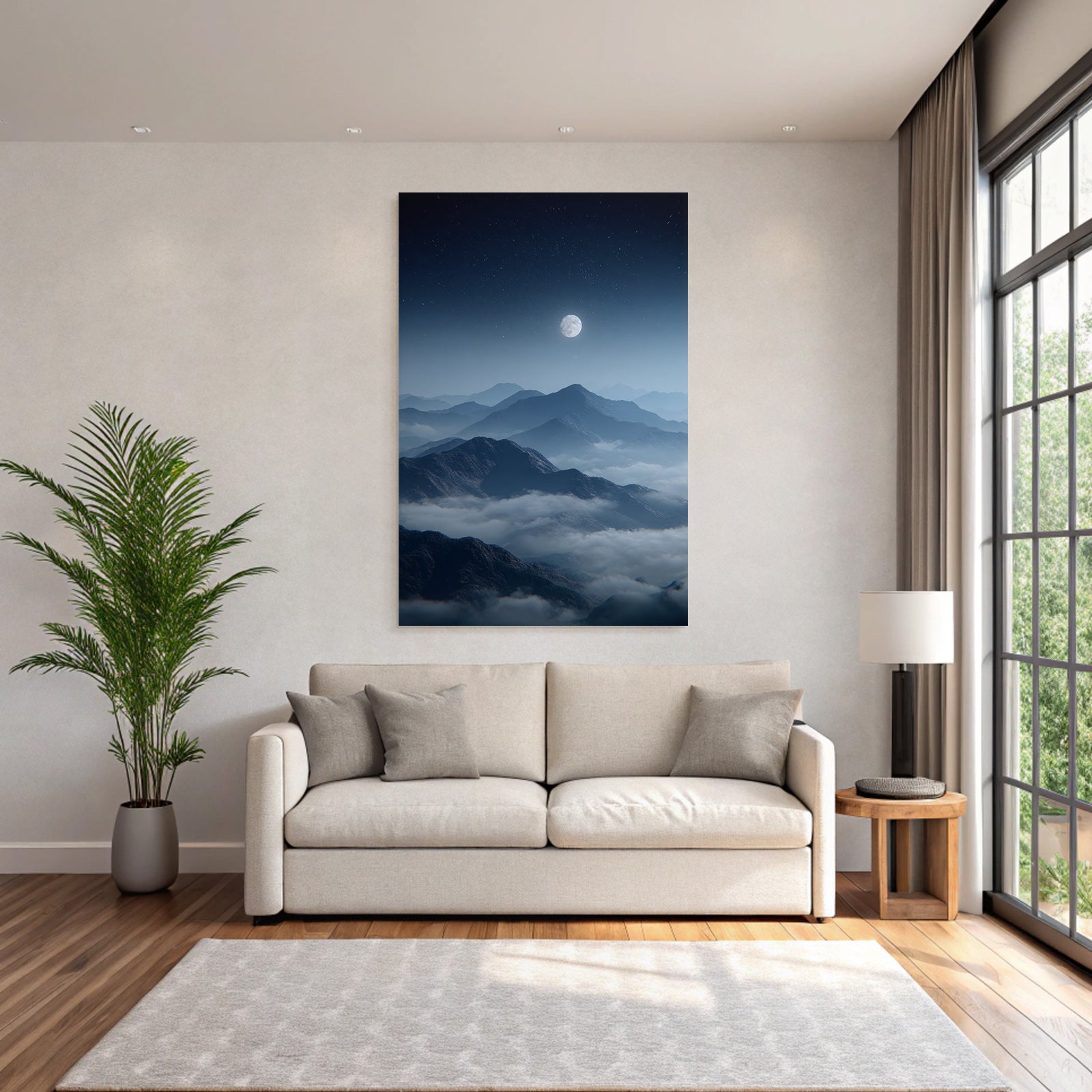 Mondschein Berglandschaft Mit Nebel Und Sternenhimmel