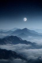 Mondschein Berglandschaft Mit Nebel Und Sternenhimmel | Psychedelische Kunst | Stilrichtungen