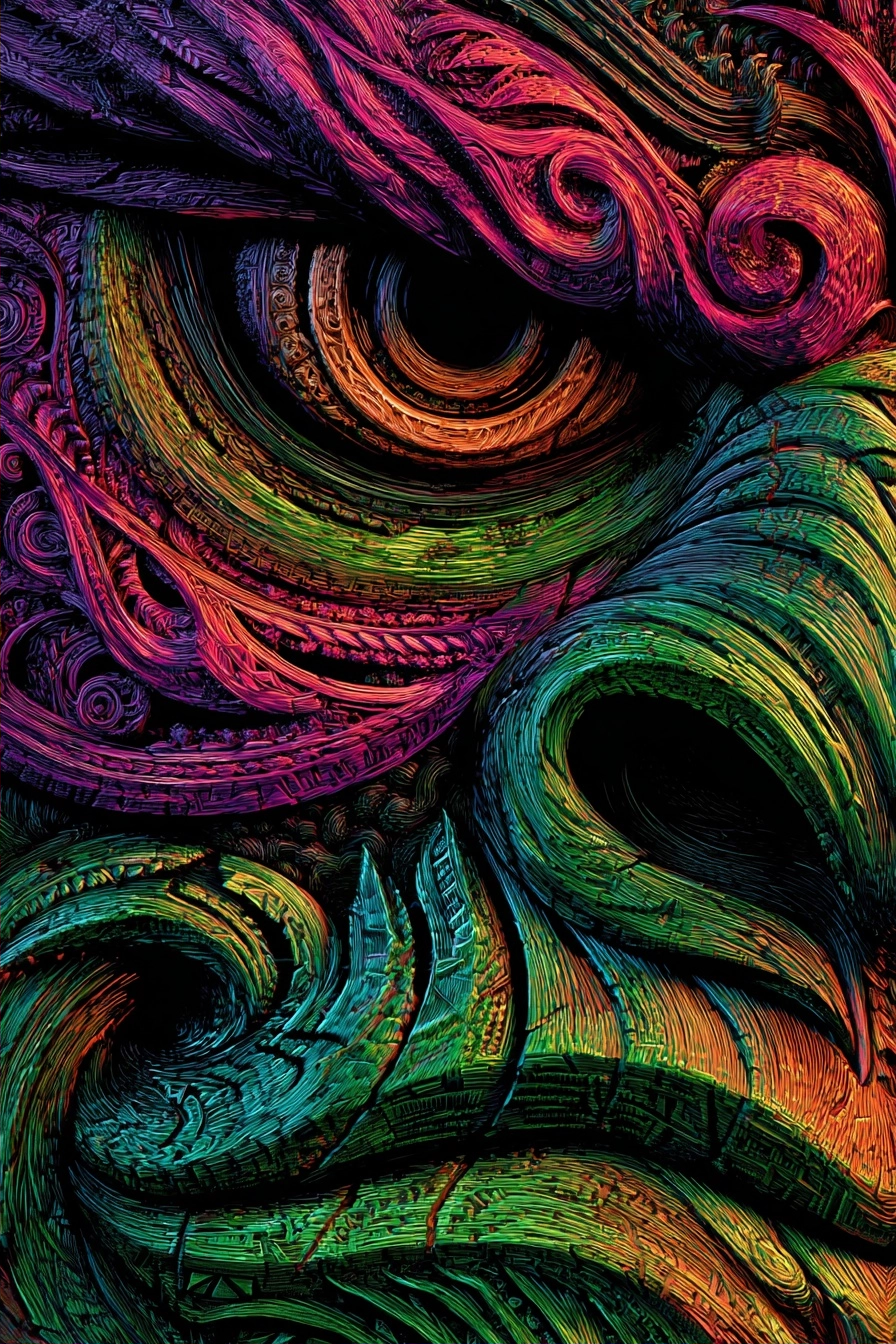 Mythologische Gesichtsmaske Mit Komplexen Mustern Und Leuchtenden Farben | Psychedelische Kunst | Stilrichtungen