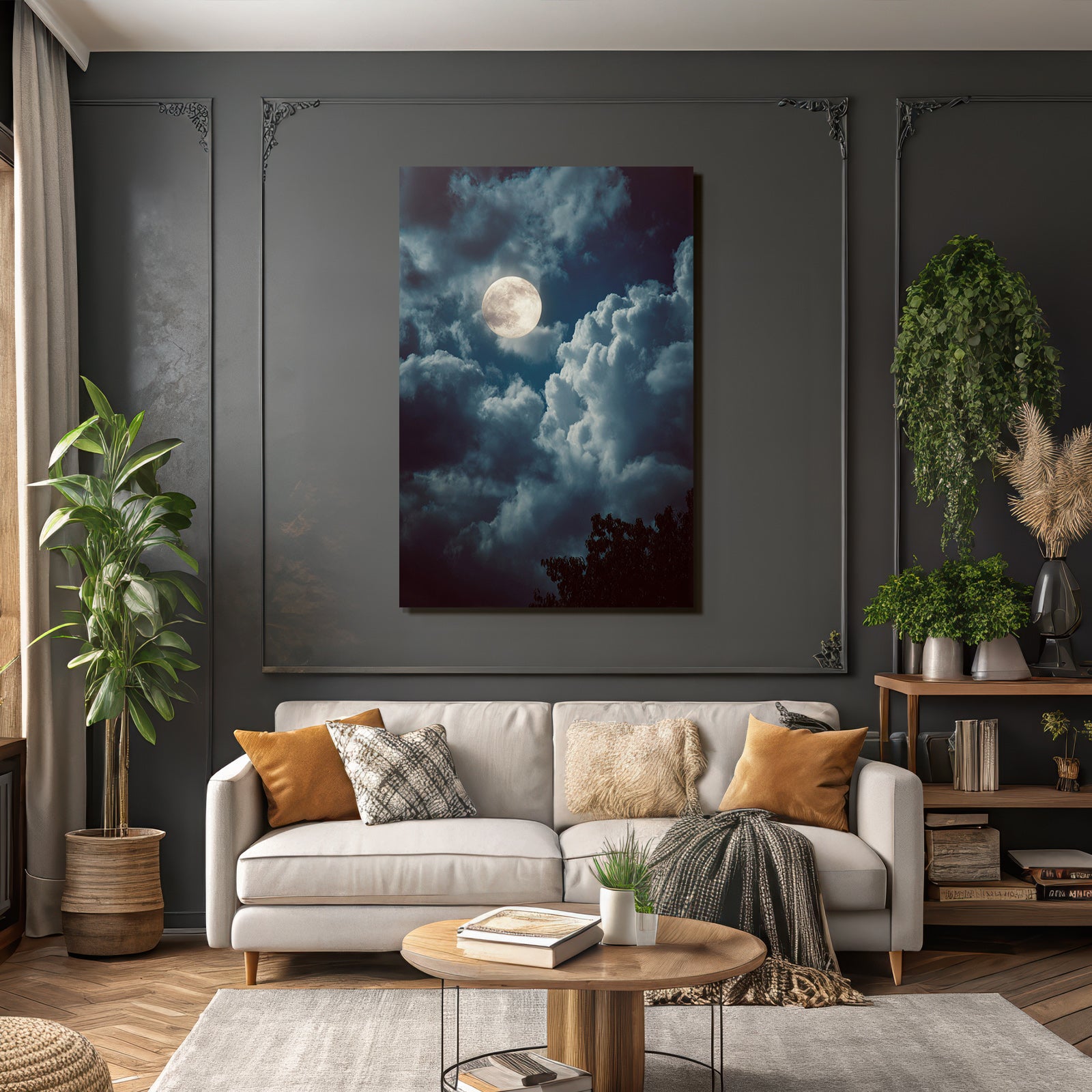Nächtlicher Himmel Mit Leuchtendem Mond Und Bewölkten Baeumen