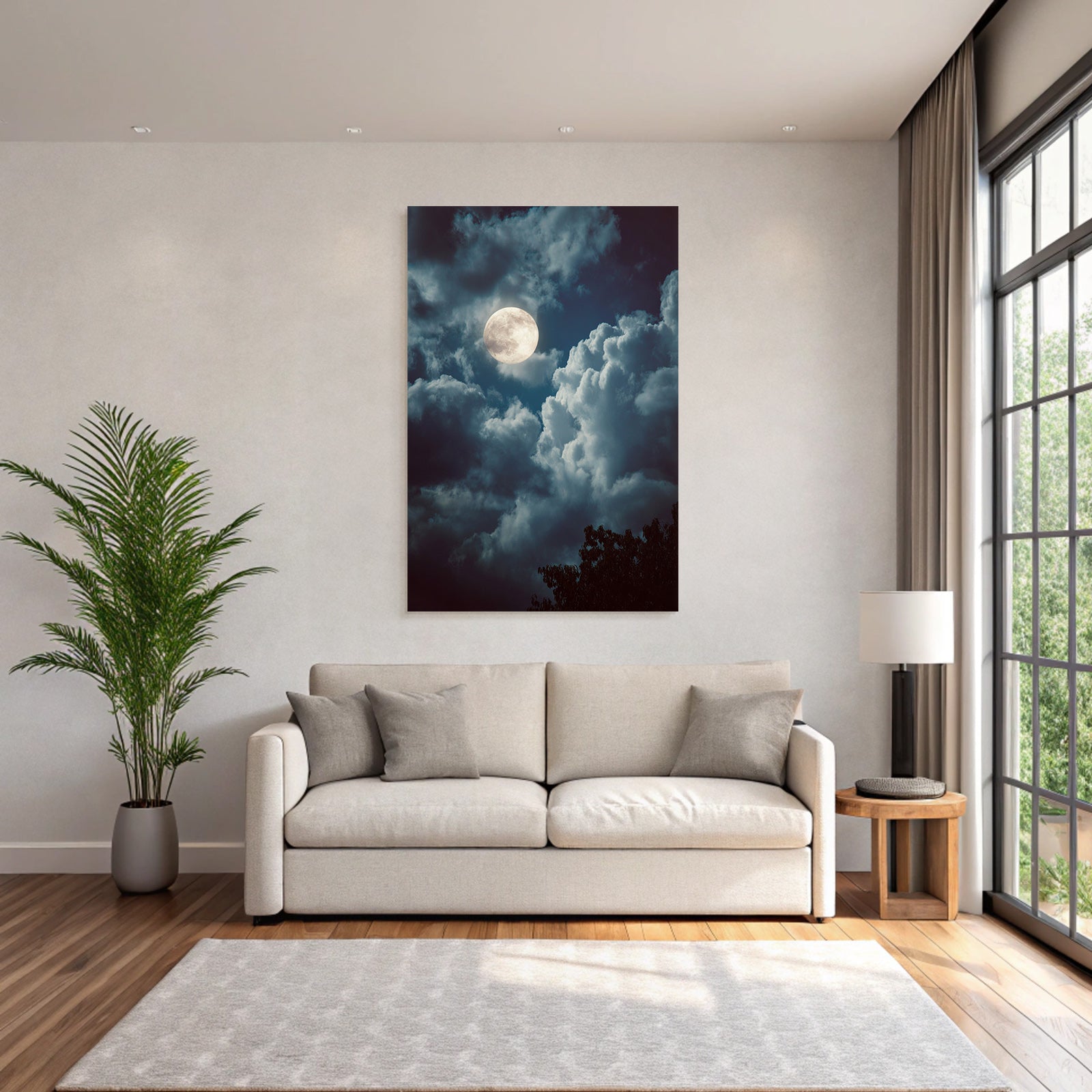 Nächtlicher Himmel Mit Leuchtendem Mond Und Bewölkten Baeumen