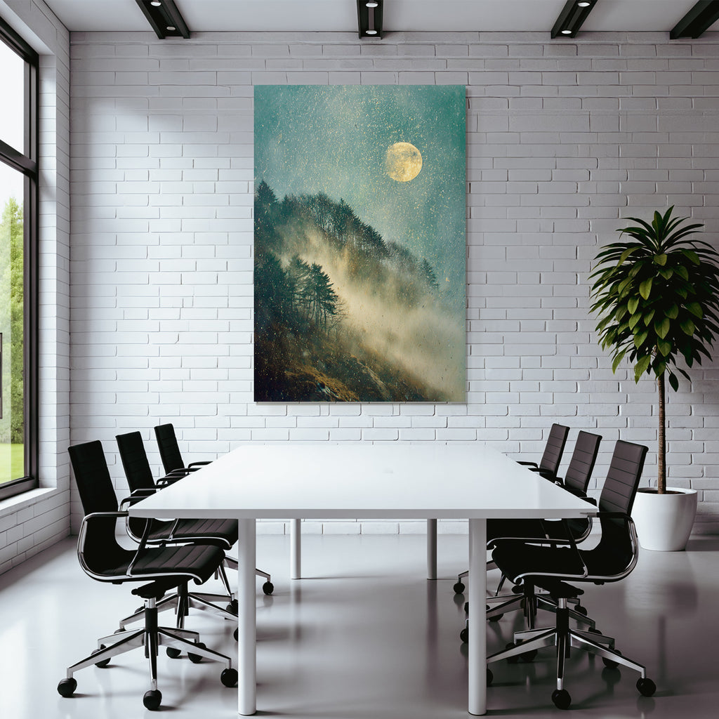 Nebelige Hügel Landschaft Im Mondschein Mit Baeumen
