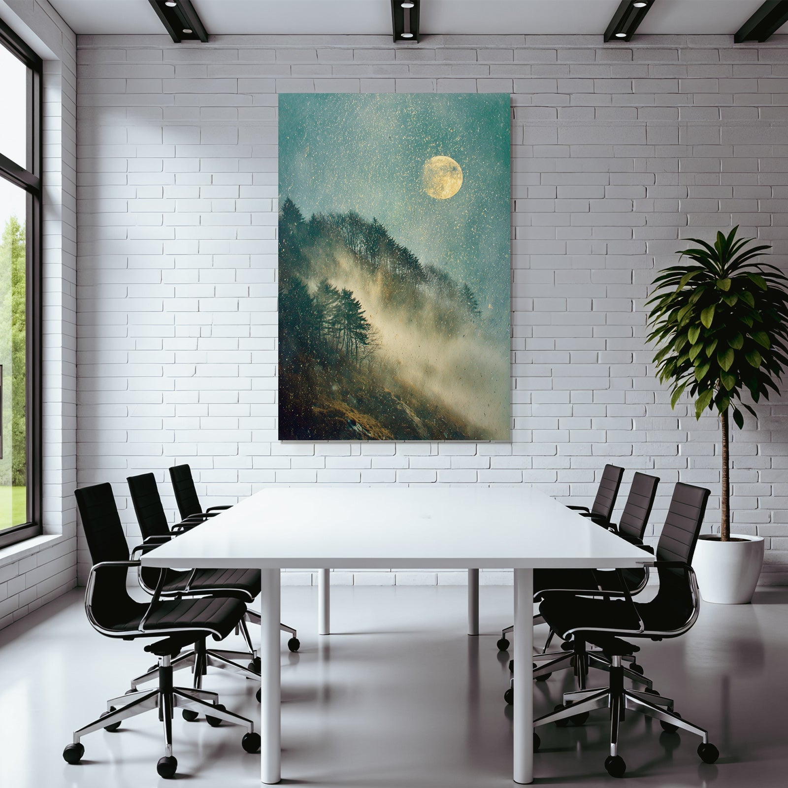 Nebelige Hügel Landschaft Im Mondschein Mit Baeumen