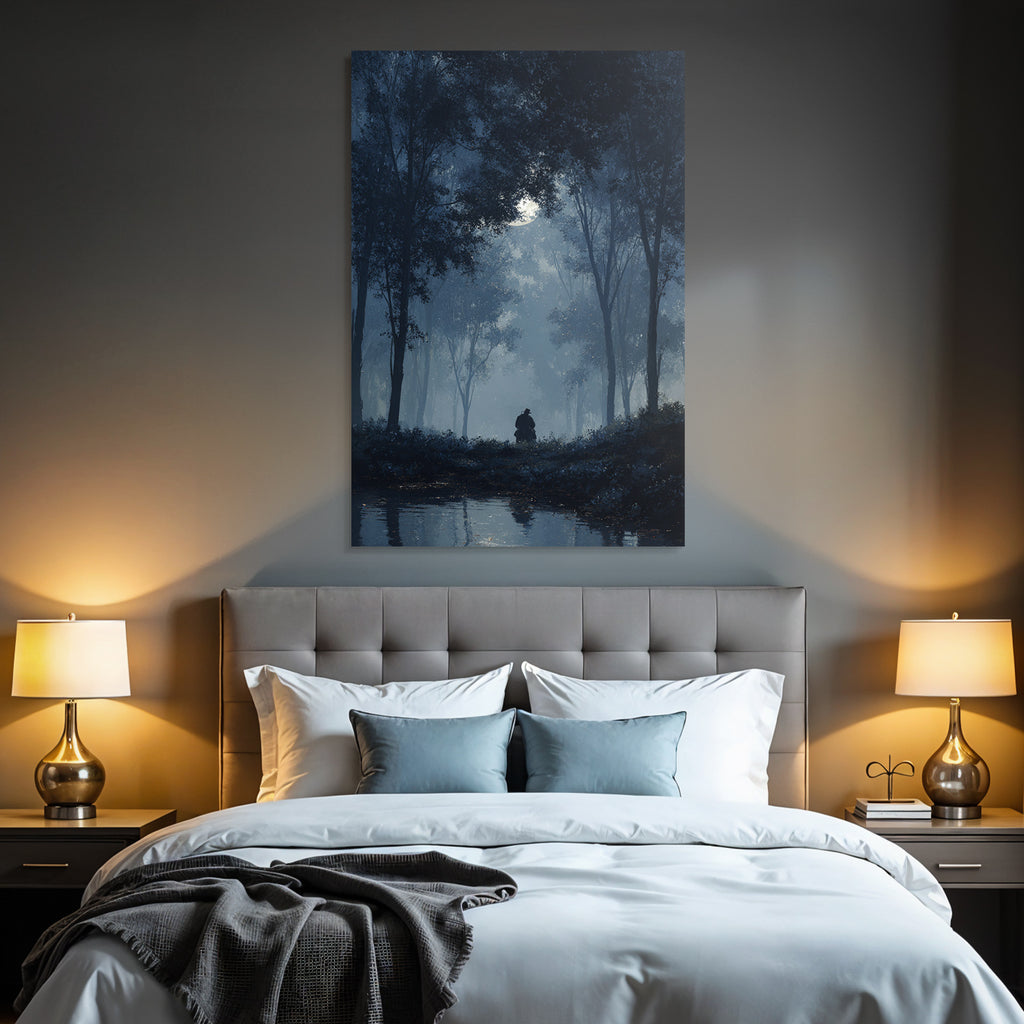 Nebelwaldnacht Mondlicht Figur Am Wasser