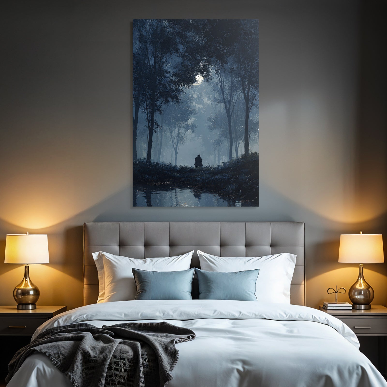 Nebelwaldnacht Mondlicht Figur Am Wasser