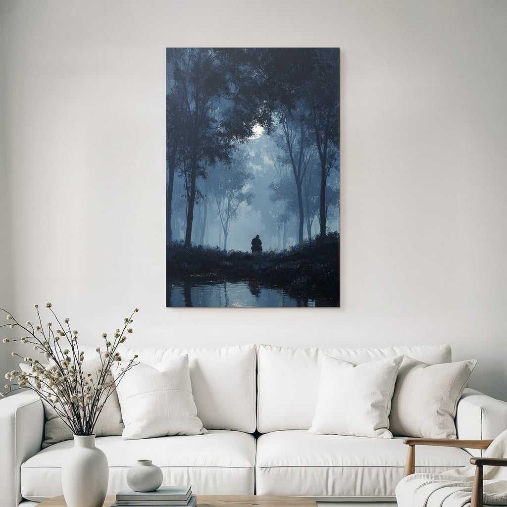 Nebelwaldnacht Mondlicht Figur Am Wasser