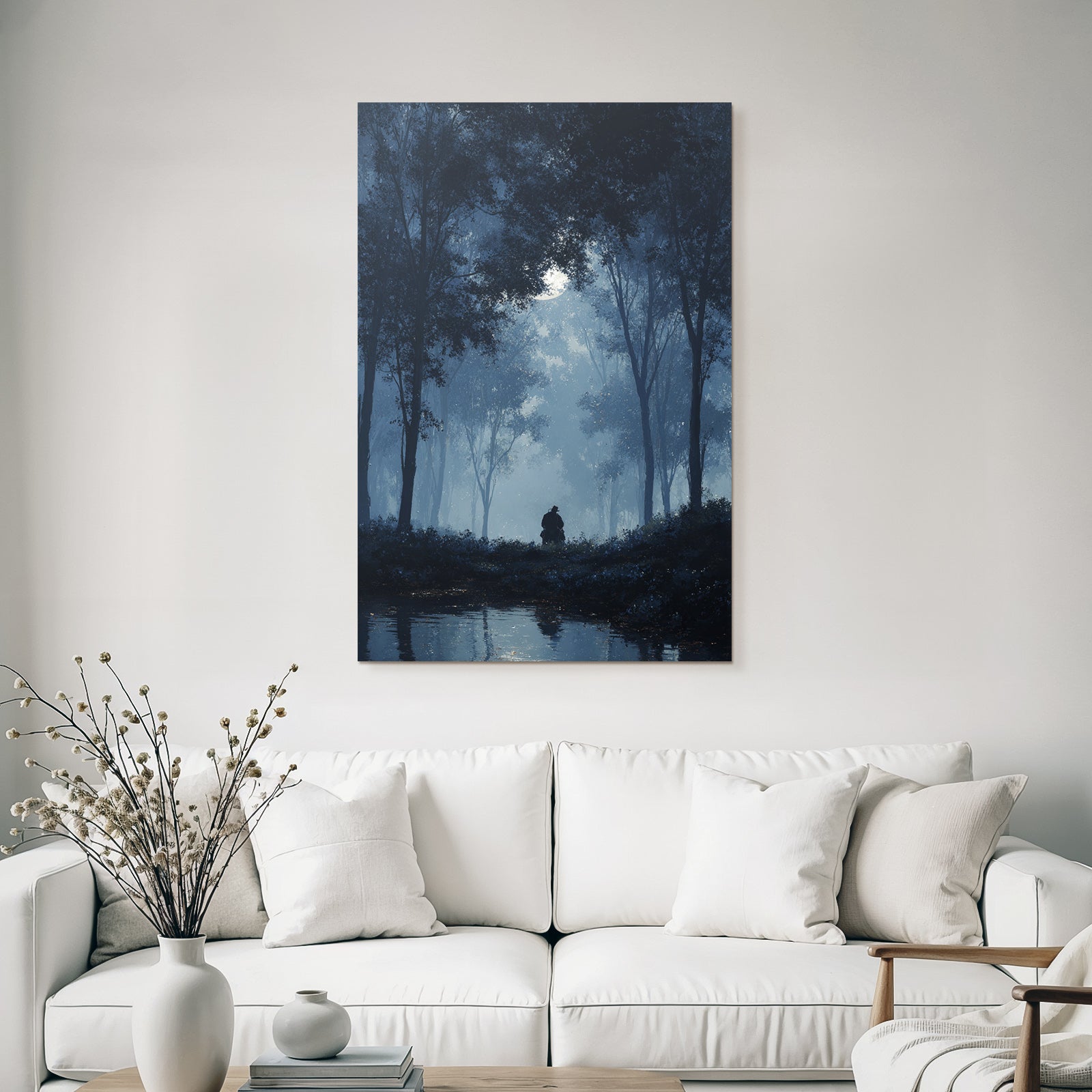 Nebelwaldnacht Mondlicht Figur Am Wasser