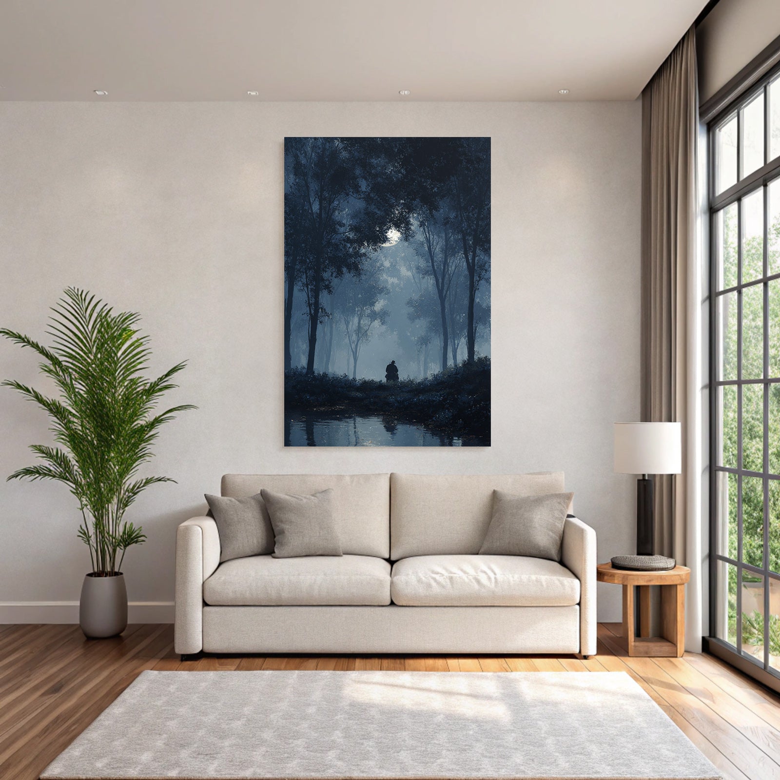 Nebelwaldnacht Mondlicht Figur Am Wasser