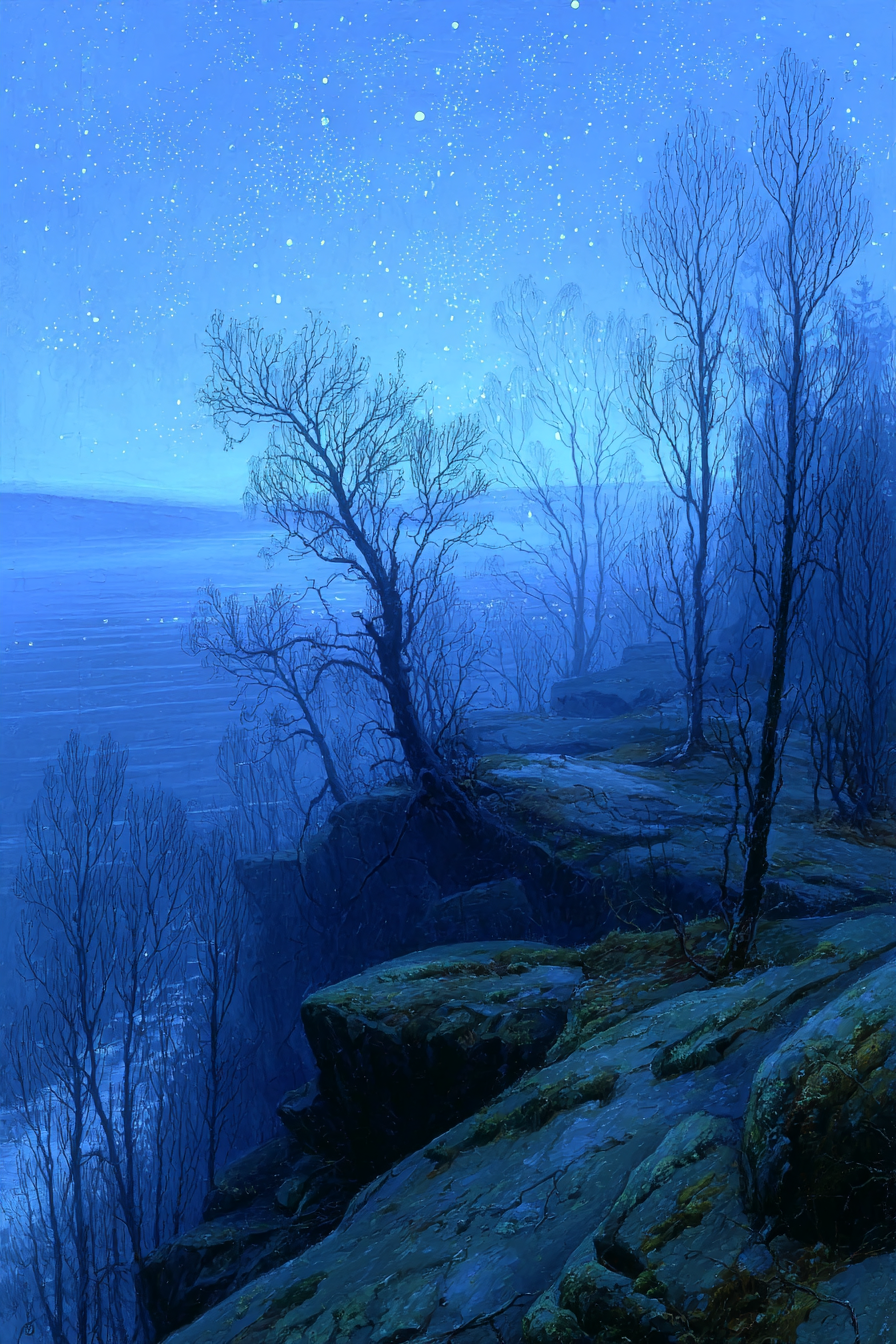 Ruhige Nachtlandschaft Mit Felsklippen Und Baeumen | Psychedelische Kunst | Stilrichtungen