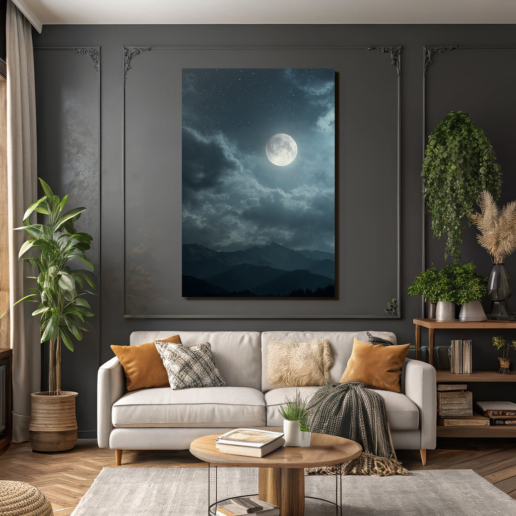 Ruhige Nacht Mit Leuchtendem Mond Und Bergsilhoütten