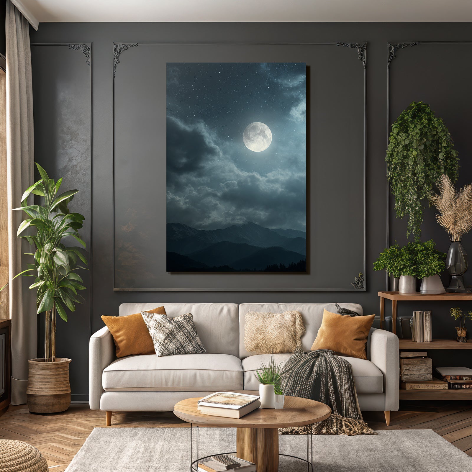 Ruhige Nacht Mit Leuchtendem Mond Und Bergsilhoütten