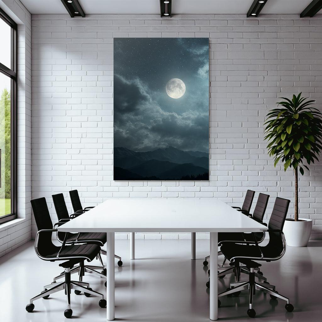 Ruhige Nacht Mit Leuchtendem Mond Und Bergsilhoütten