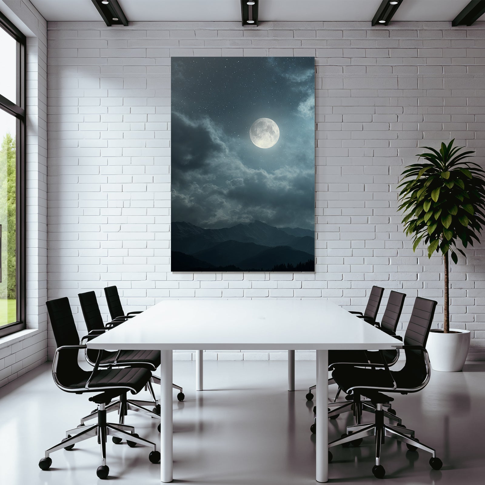 Ruhige Nacht Mit Leuchtendem Mond Und Bergsilhoütten