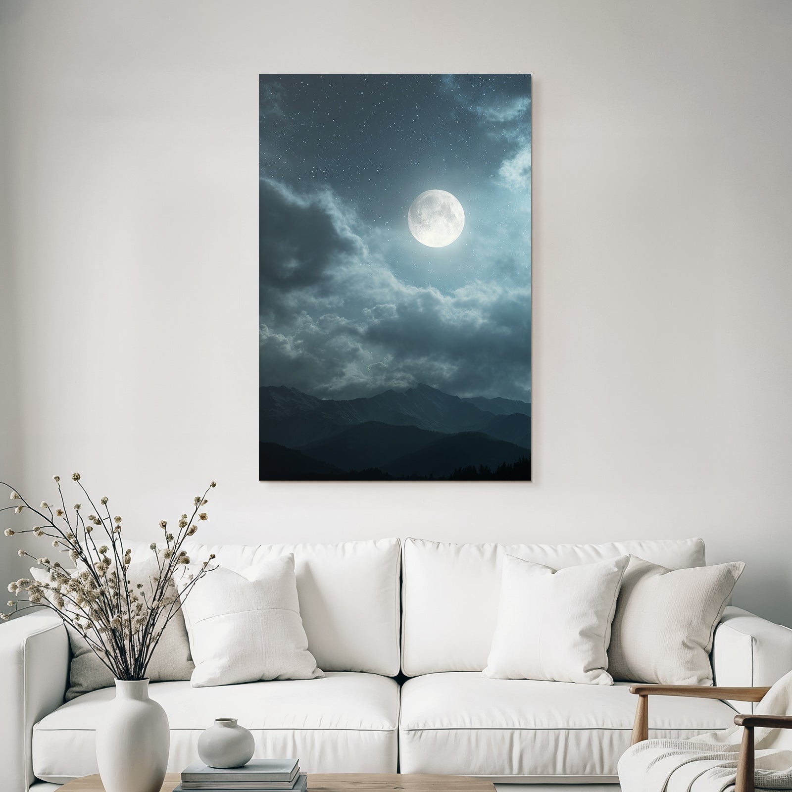Ruhige Nacht Mit Leuchtendem Mond Und Bergsilhoütten
