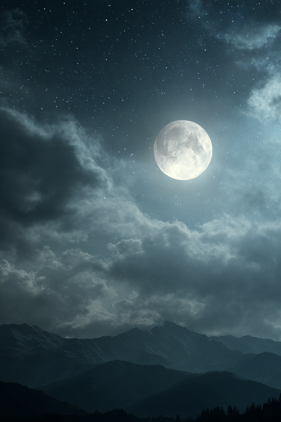 Ruhige Nacht Mit Leuchtendem Mond Und Bergsilhoütten | Psychedelische Kunst | Stilrichtungen