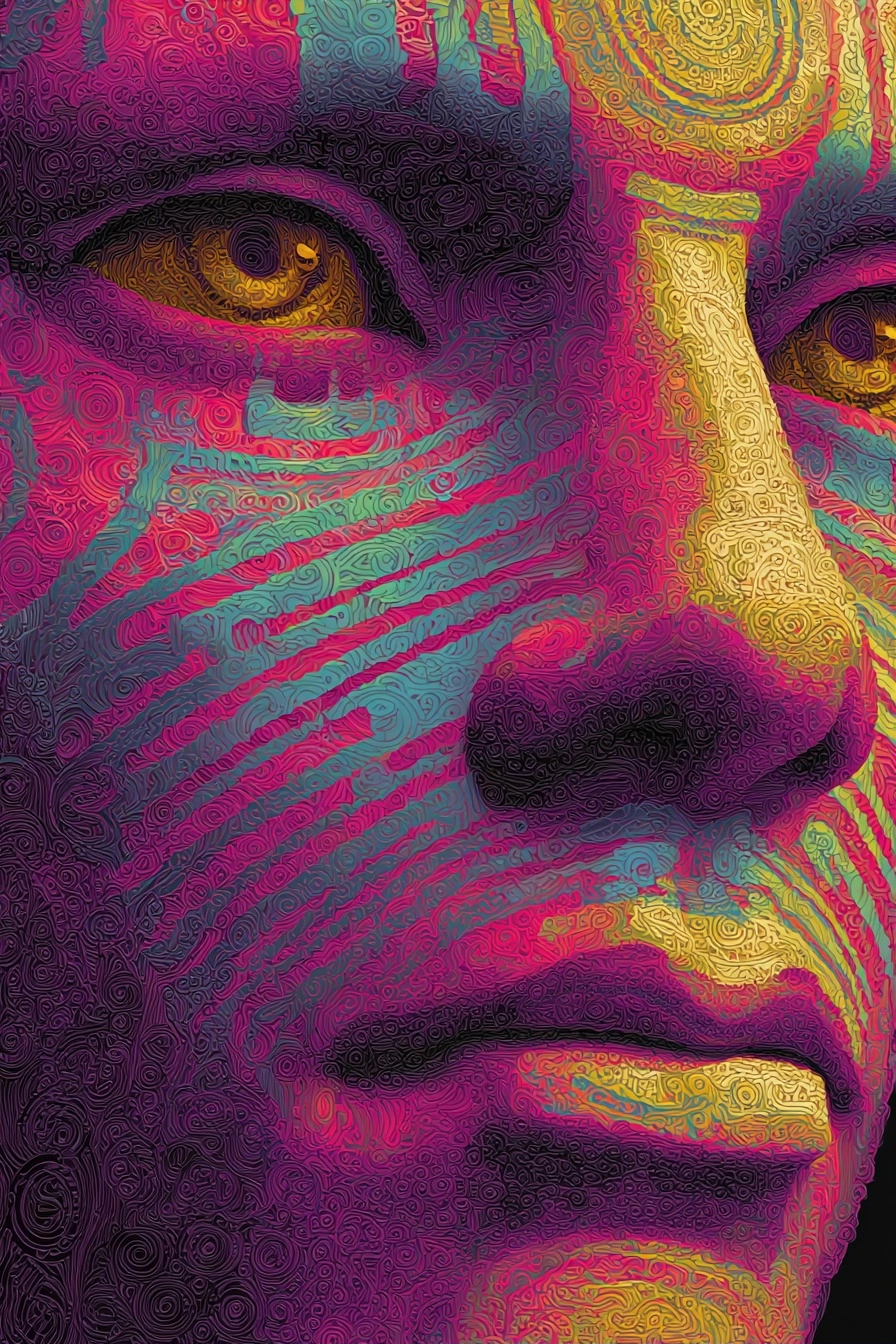 Stilisierte Abstrakte Gesichtsdarstellung Mit Leuchtenden Farben | Psychedelische Kunst | Stilrichtungen