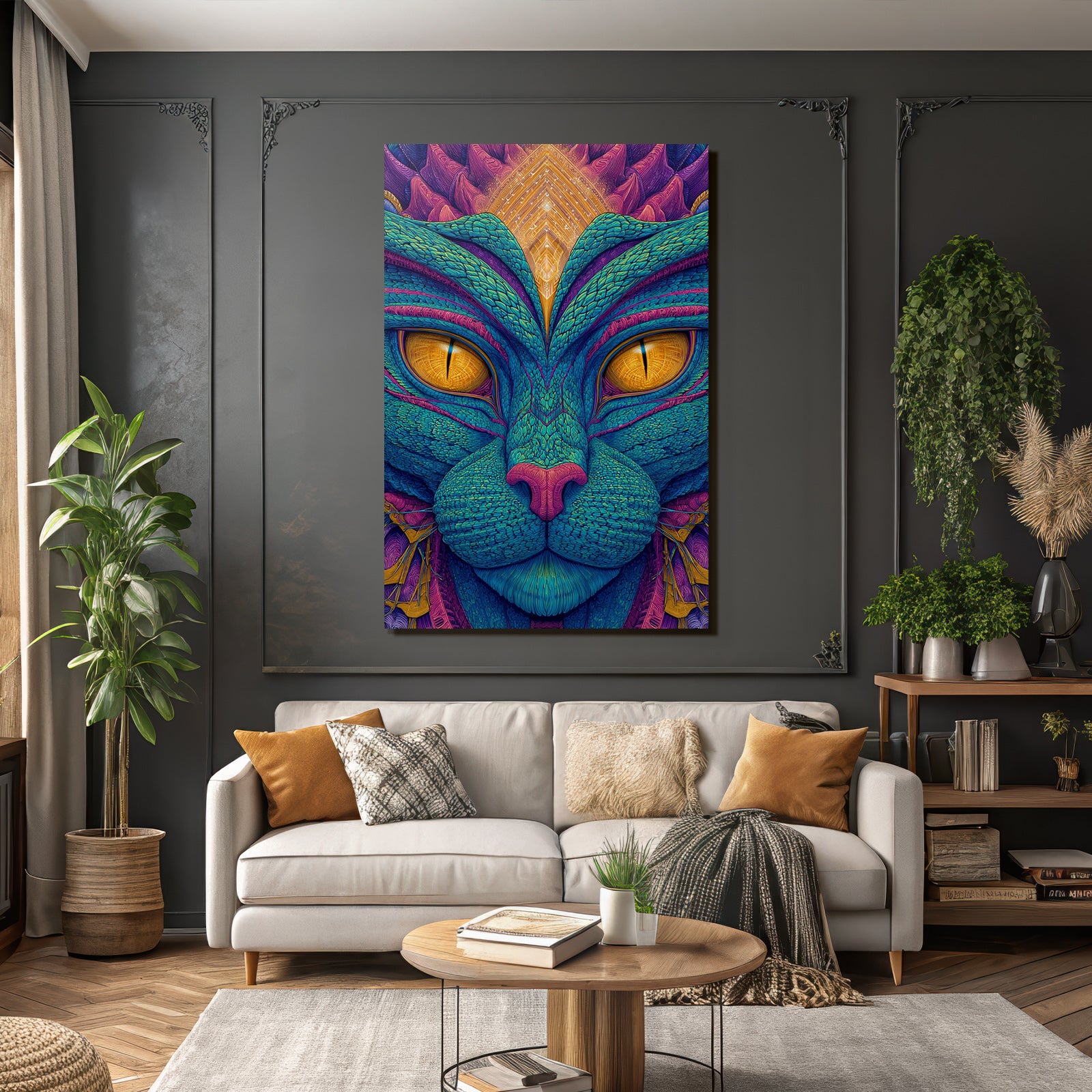 Stilisierte Katze Mit Surrealen Farbmustern