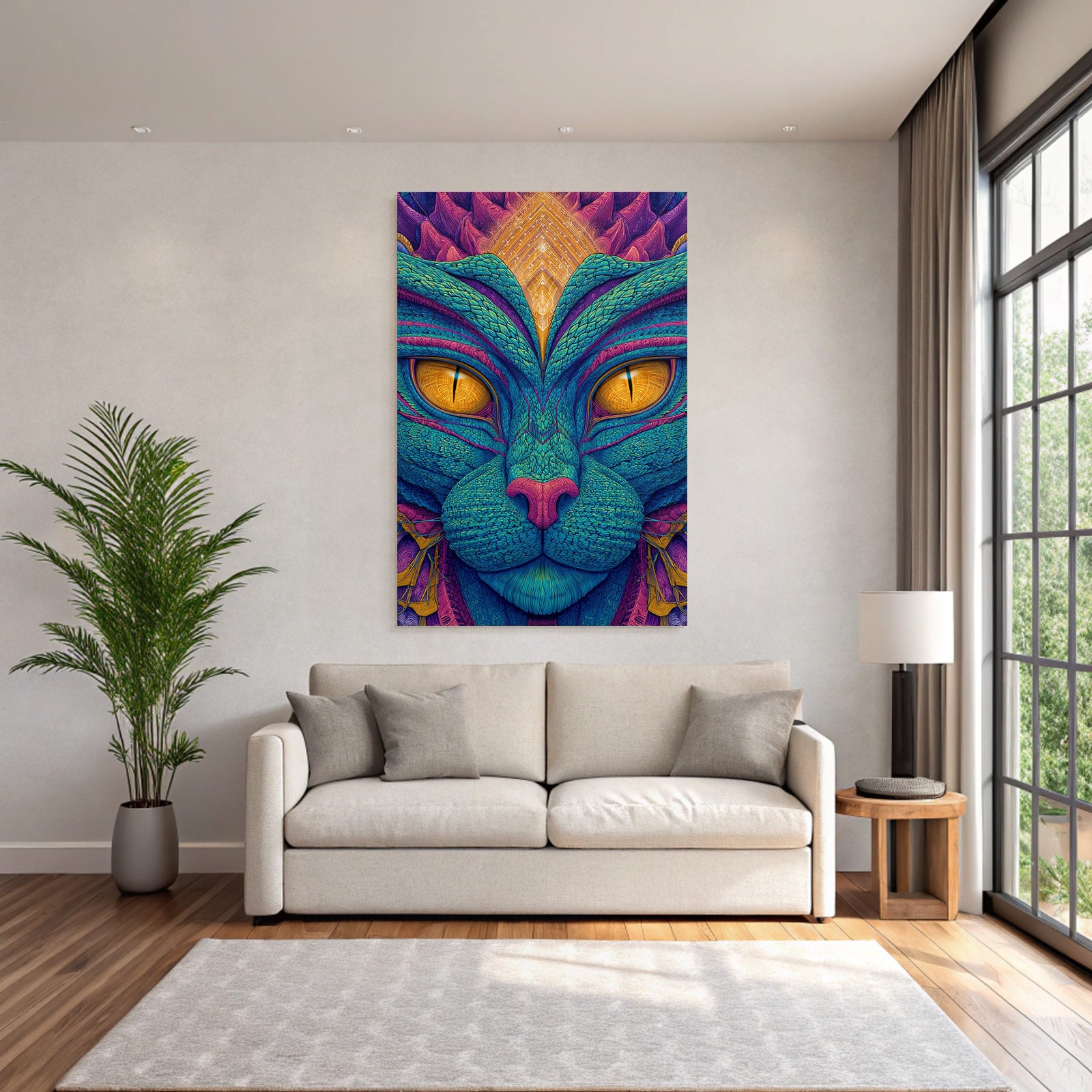 Stilisierte Katze Mit Surrealen Farbmustern