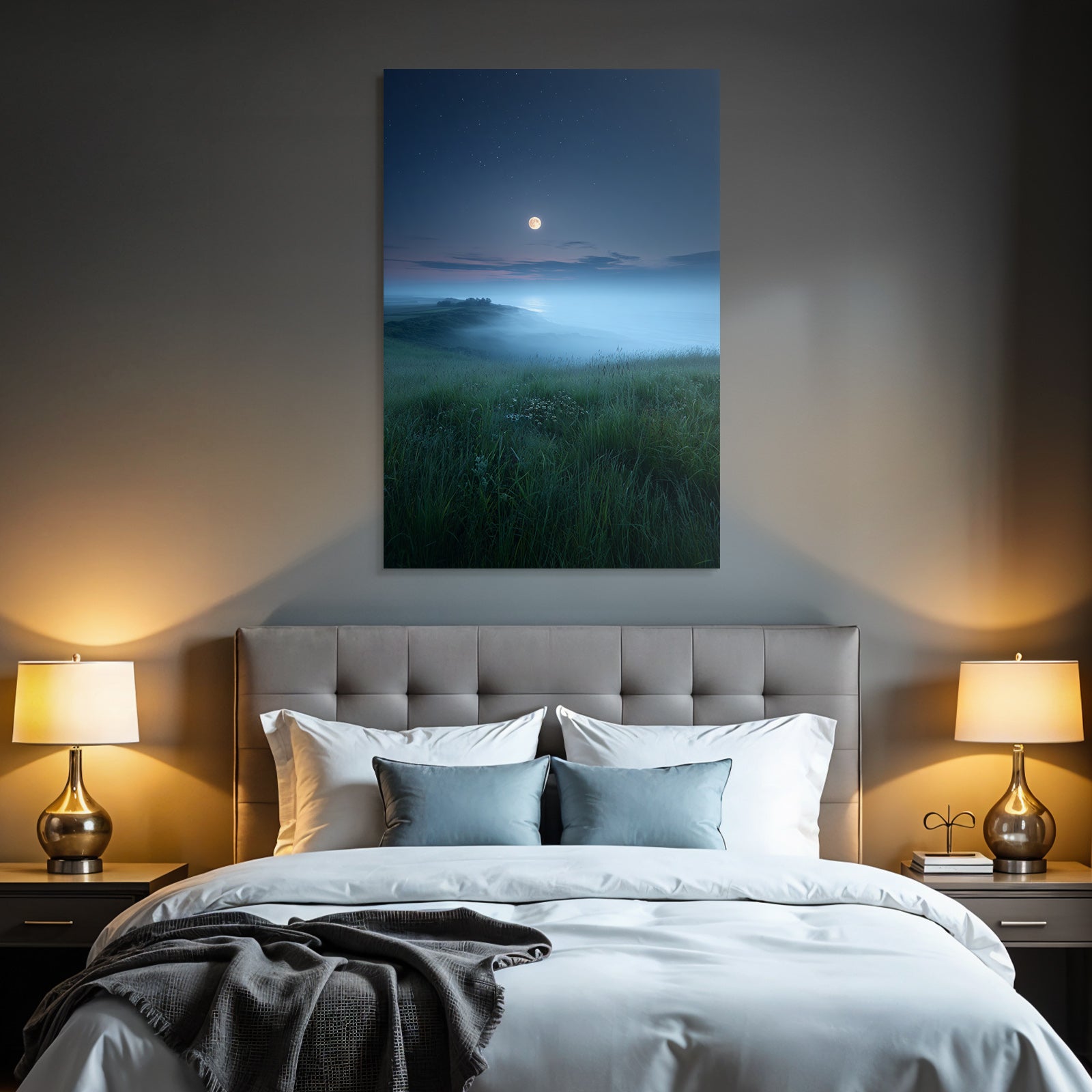 Stille Nachtlandschaft Mit Mondschein Und Nebel Über Dem Wasser