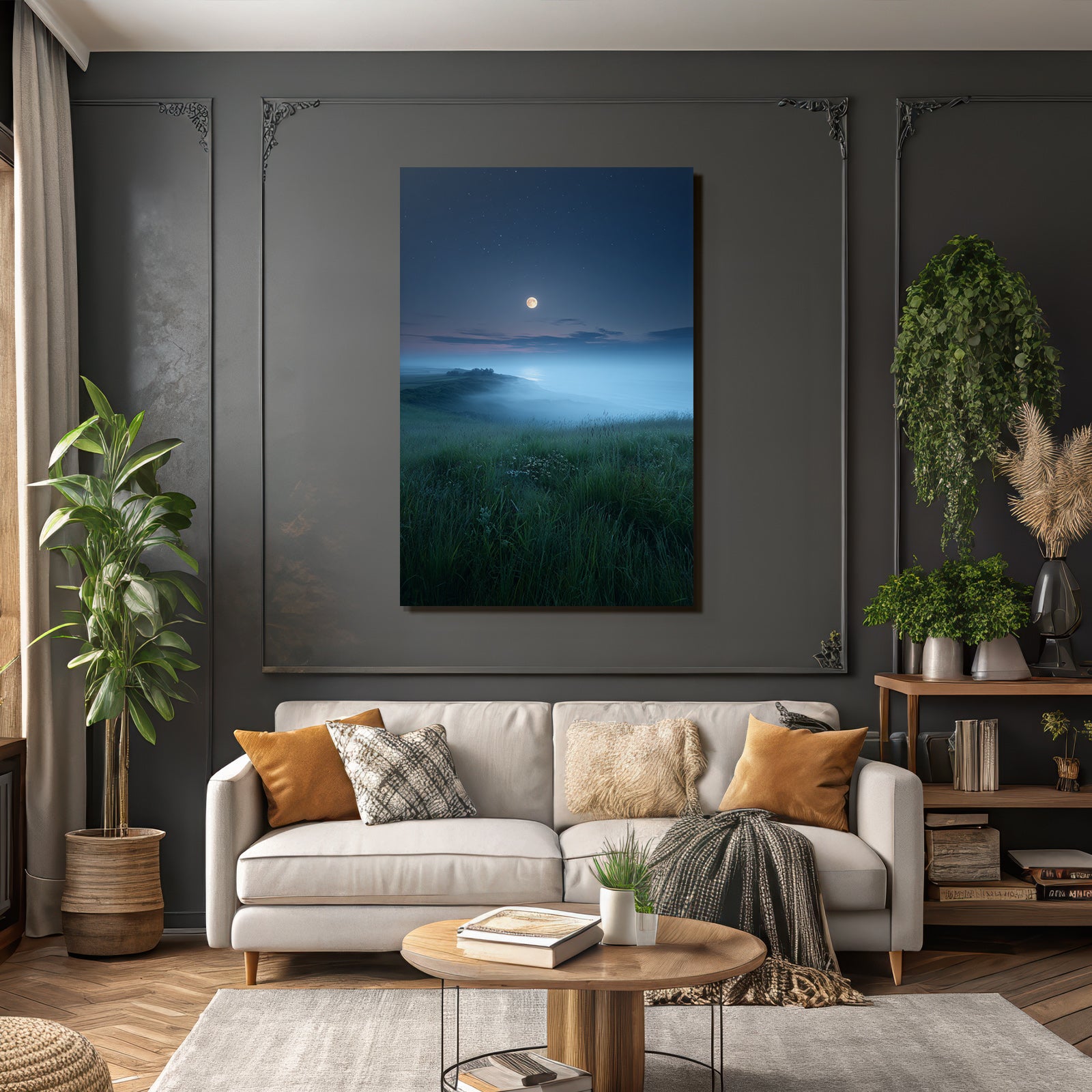 Stille Nachtlandschaft Mit Mondschein Und Nebel Über Dem Wasser