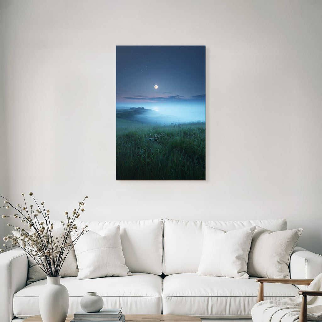 Stille Nachtlandschaft Mit Mondschein Und Nebel Über Dem Wasser