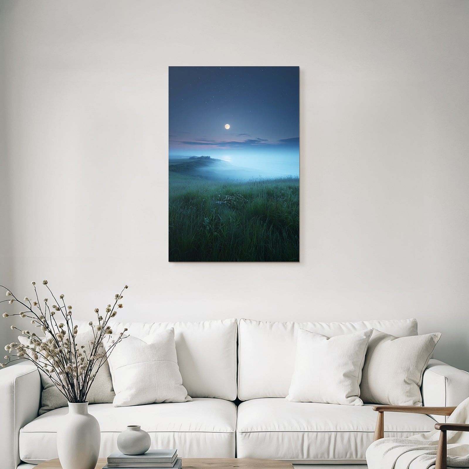 Stille Nachtlandschaft Mit Mondschein Und Nebel Über Dem Wasser
