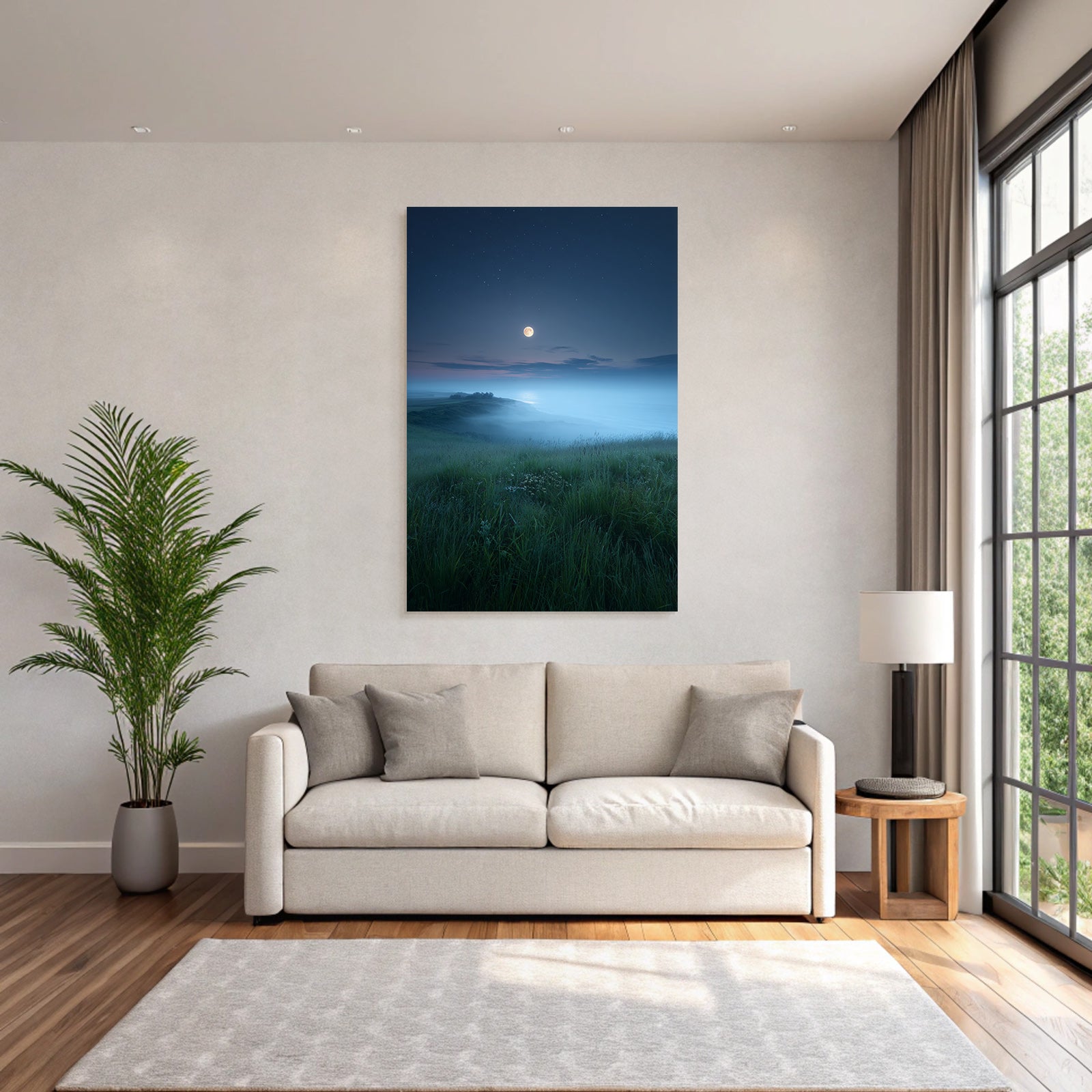 Stille Nachtlandschaft Mit Mondschein Und Nebel Über Dem Wasser
