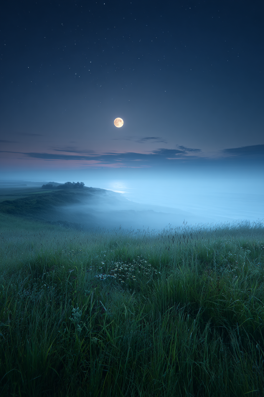 Stille Nachtlandschaft Mit Mondschein Und Nebel Über Dem Wasser | Psychedelische Kunst | Stilrichtungen