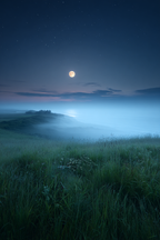 Stille Nachtlandschaft Mit Mondschein Und Nebel Über Dem Wasser | Psychedelische Kunst | Stilrichtungen