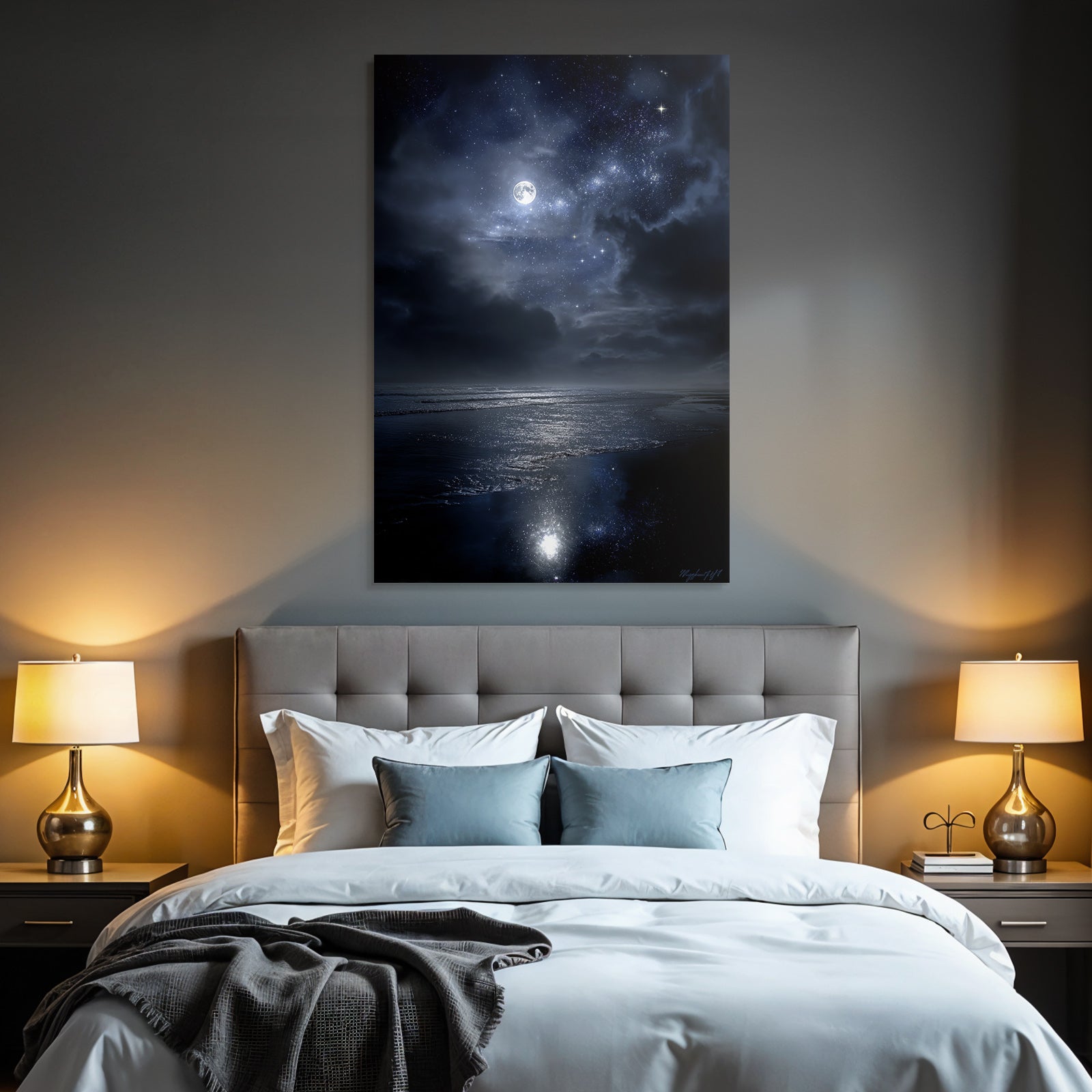 Stille Nachtlandschaft Mit Vollem Mond Und Wasserspiegelung